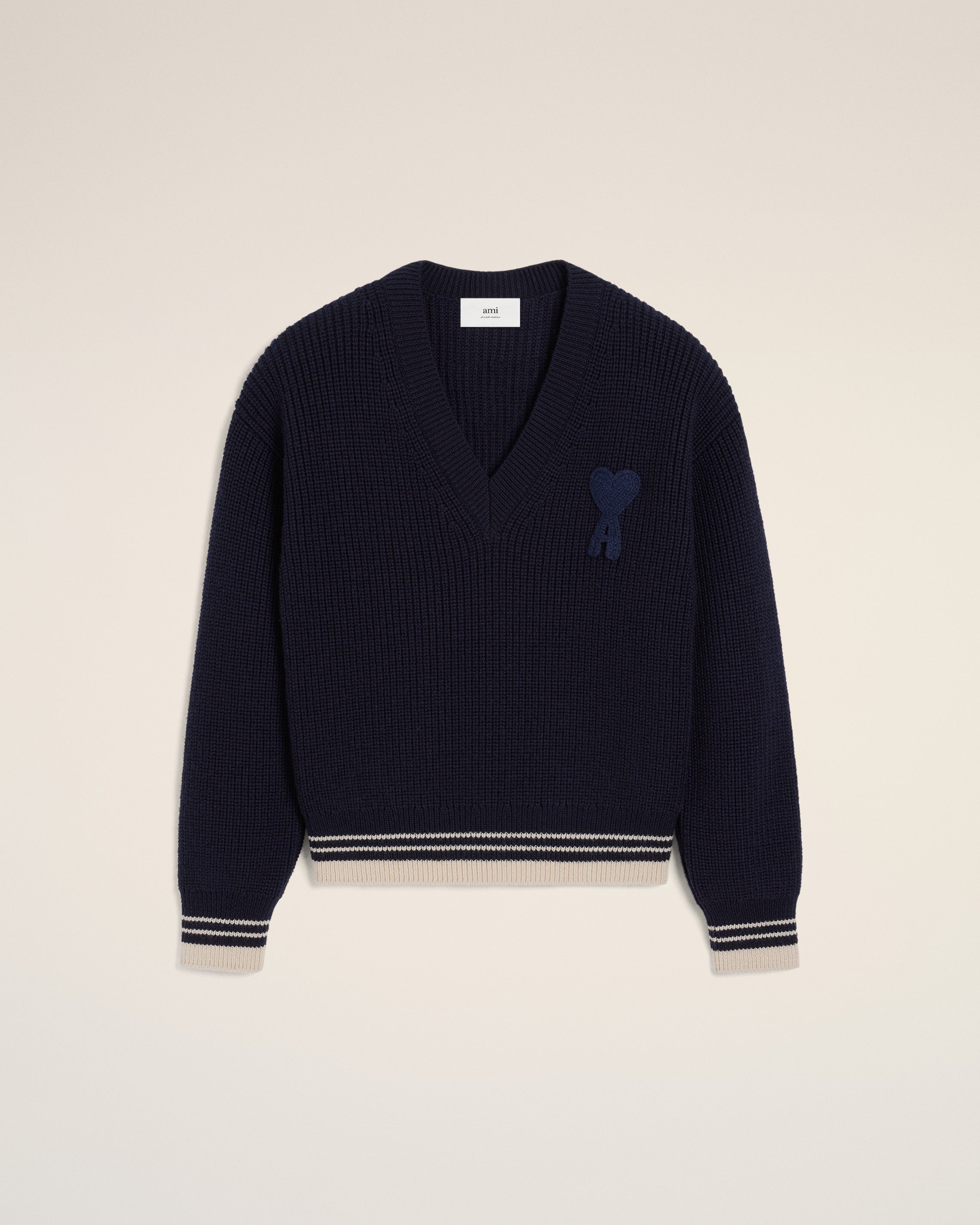 NAVY WOOL RIBBED V NECK SWEATER - 1