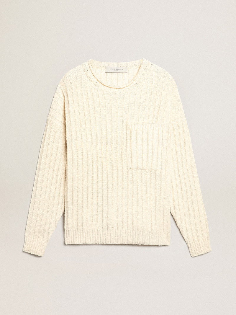 Round-neck sweater in papyrus-colored cotton-blend yarn 1