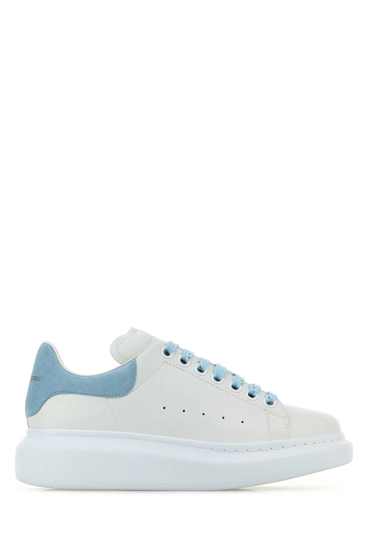 Alexander Mcqueen Women White Leather Sneakers With Pastel Light Blue Suede Heel - 1
