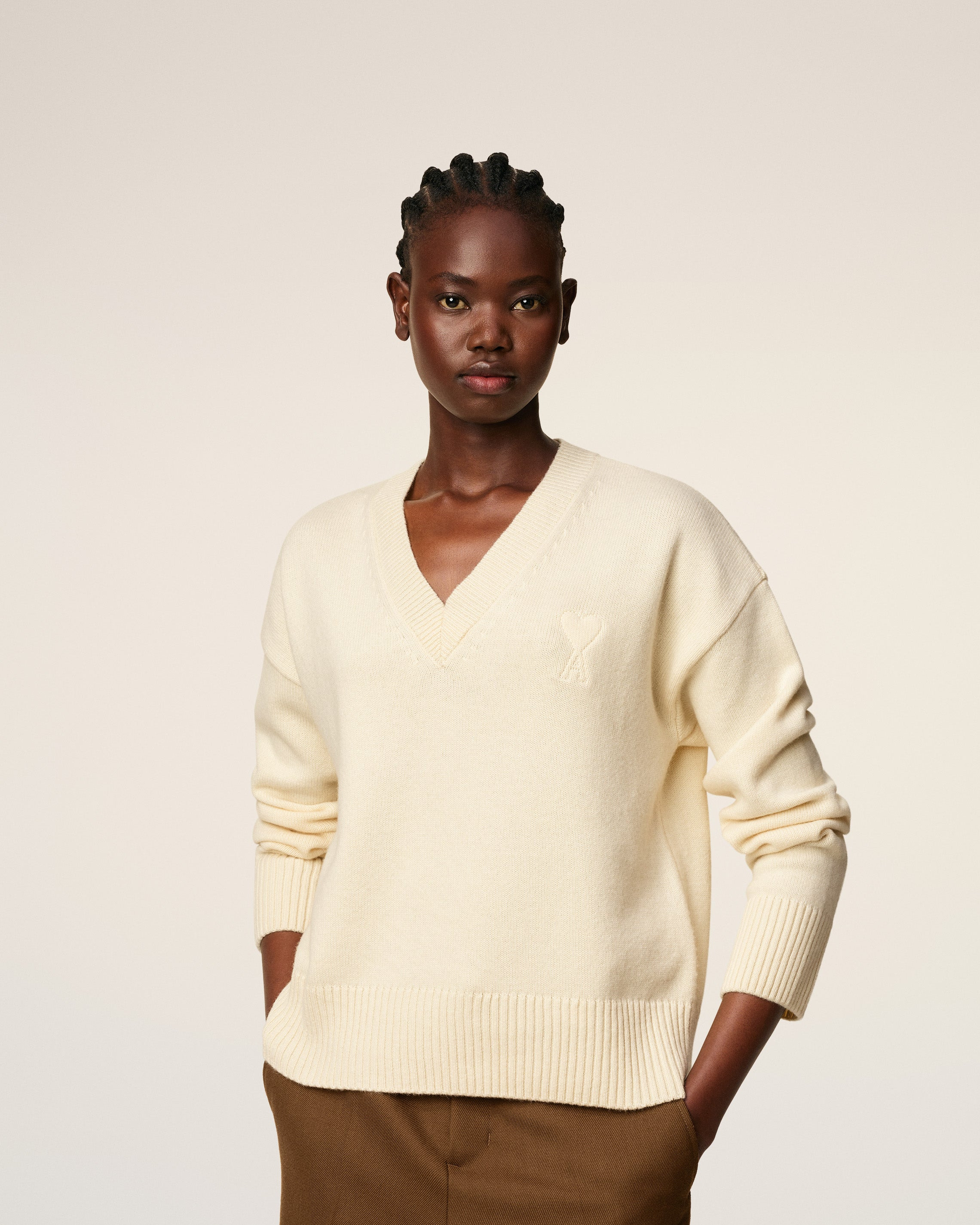 WHITE WOOL AMI DE COEUR V NECK SWEATER - 3