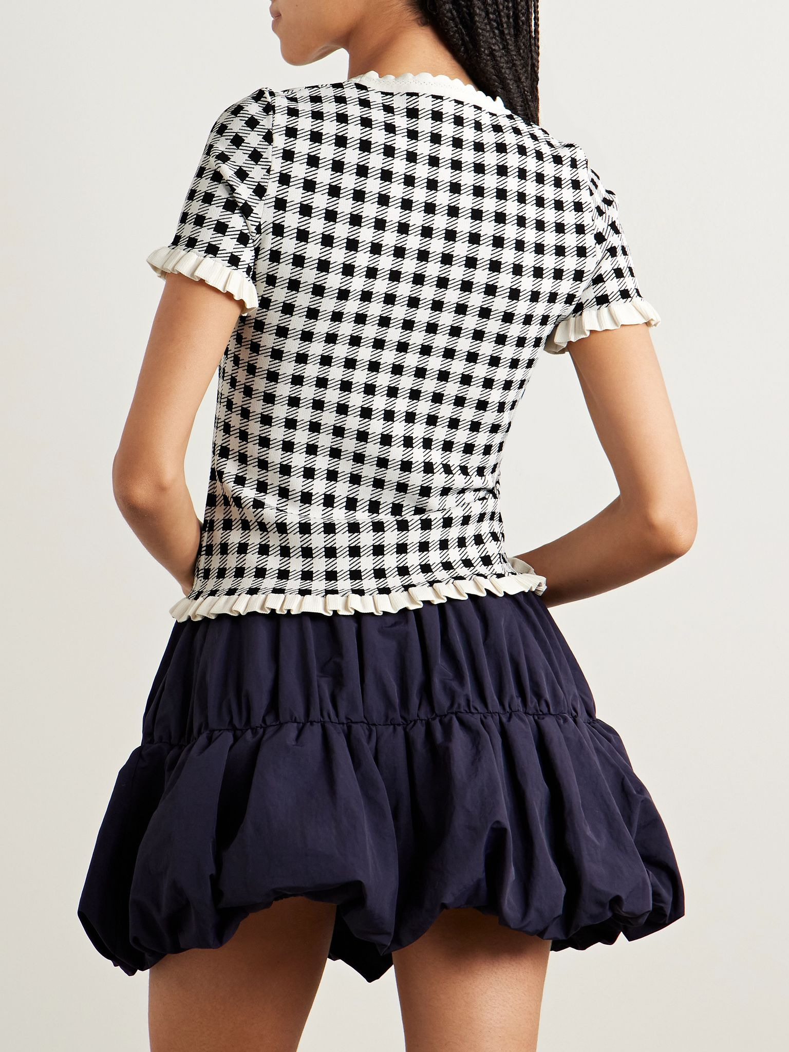 Saige ruffled gingham jacquard-knit top Black - 3