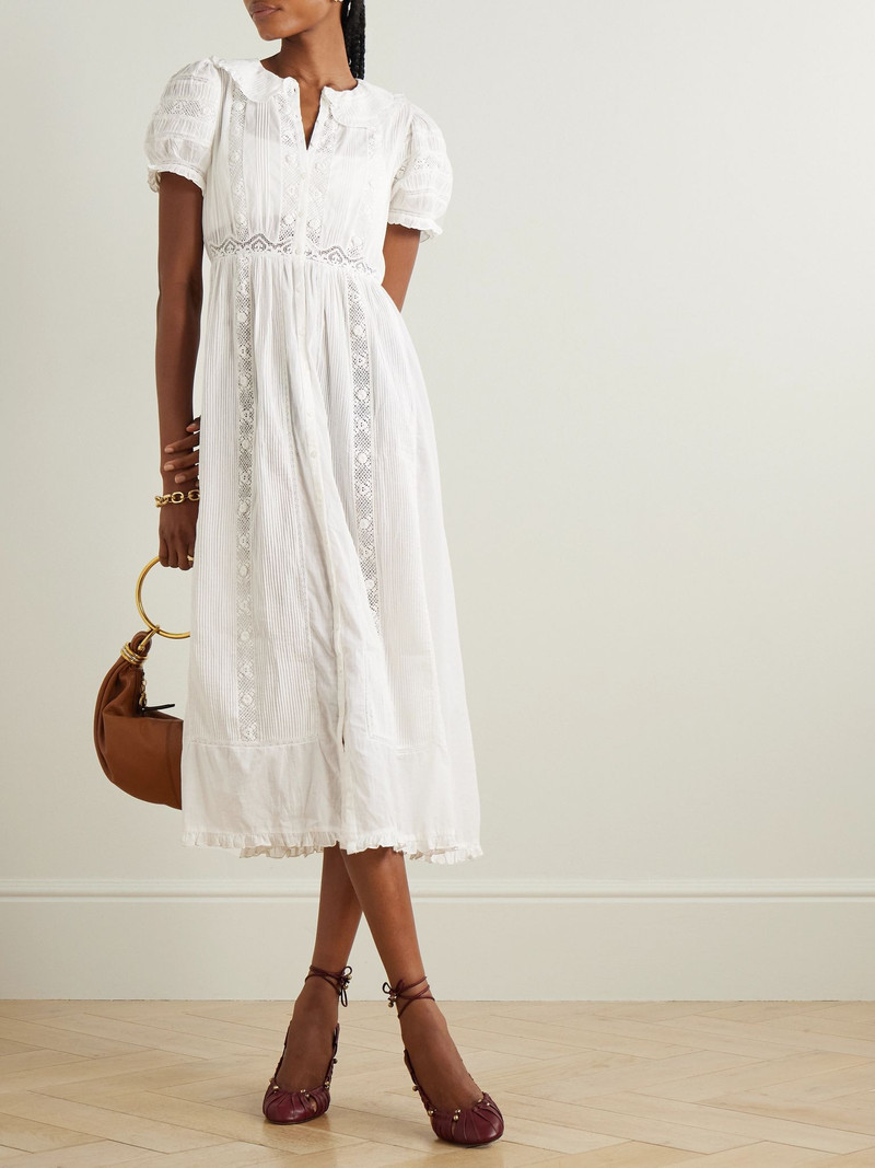 DÔEN Phoebe lace-trimmed pintucked organic cotton-voile midi shirt dress White outlook
