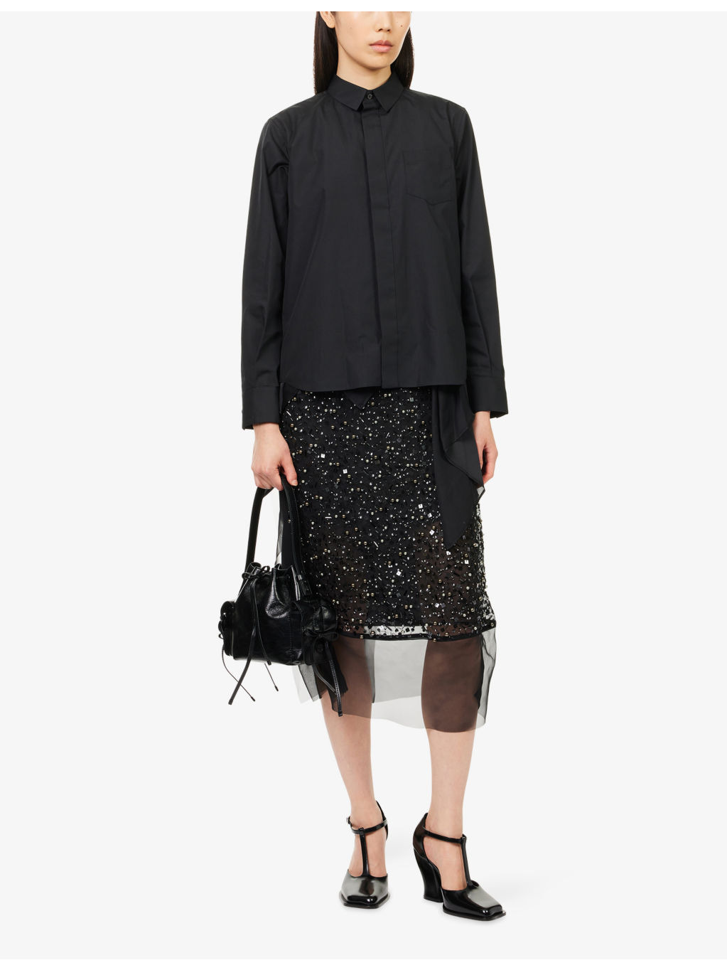 Layered-Hem Long-Sleeve Cotton-Poplin and Satin Shirt - 2