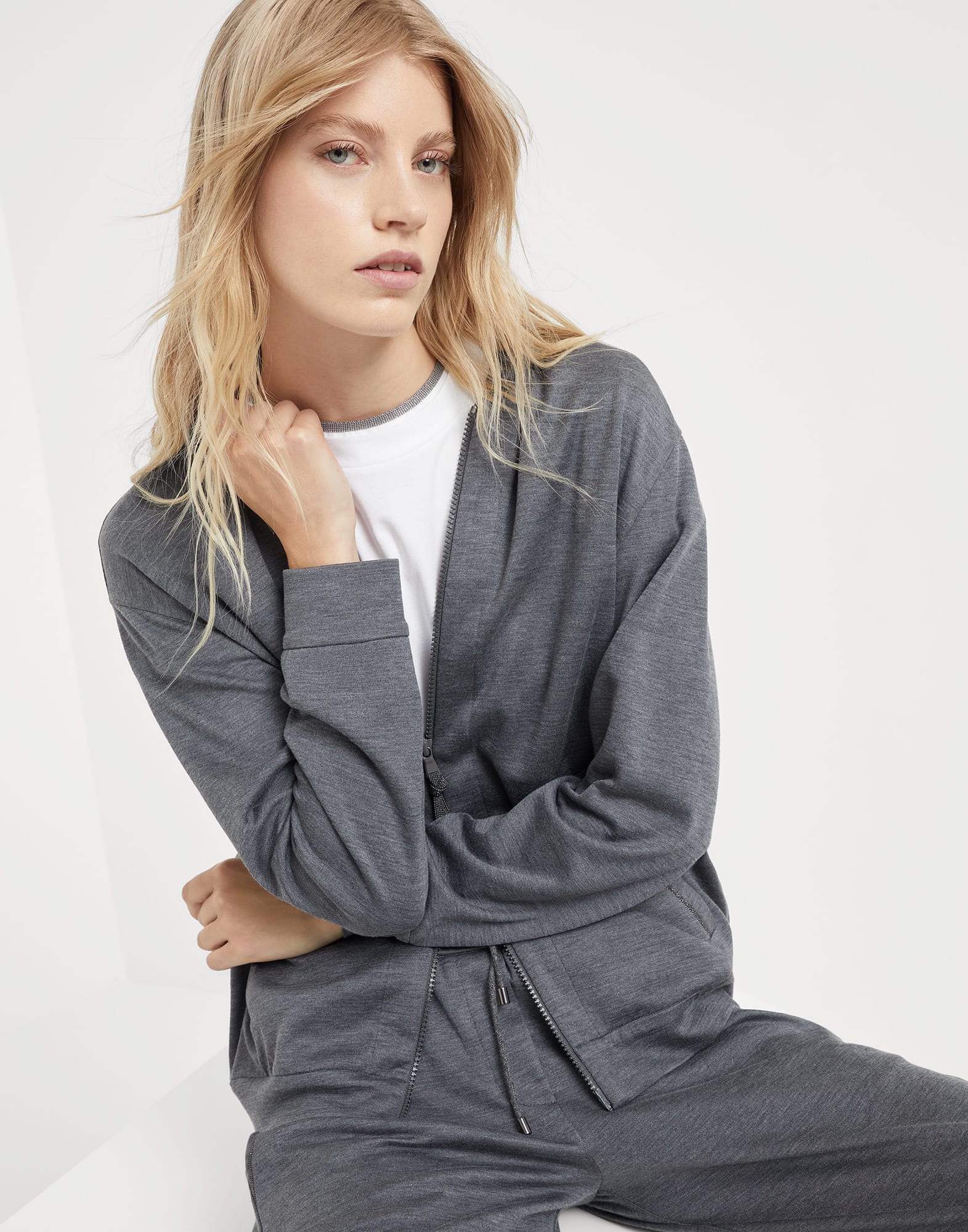 Cotton and silk interlock hooded sweatshirt with precious zipper pull - 4