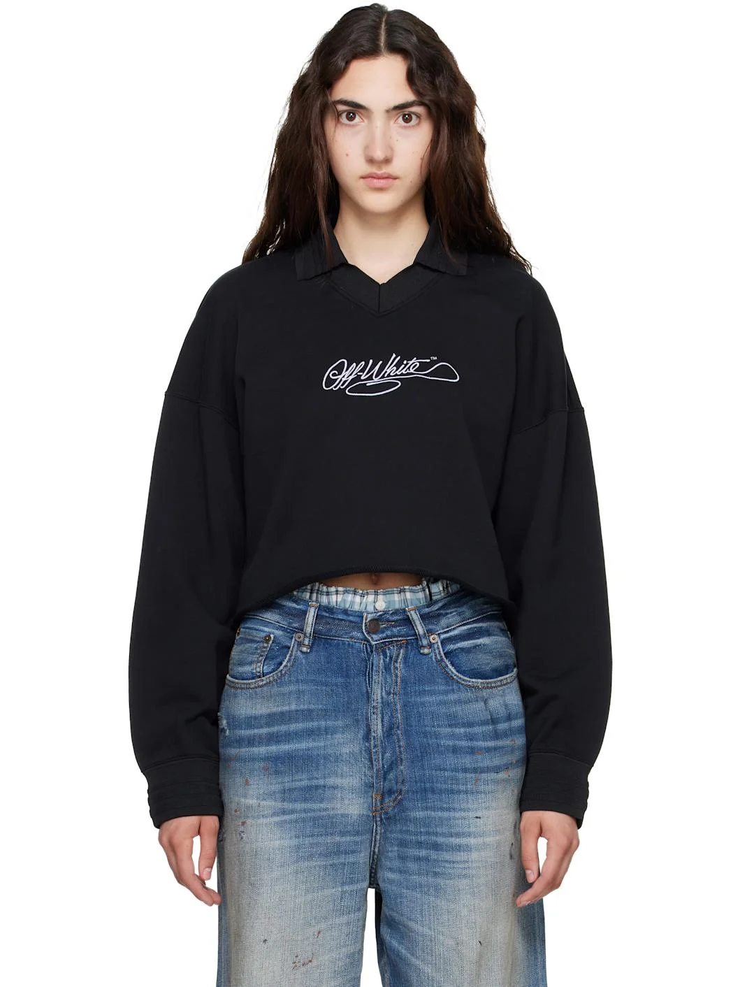 Black Embroidered Script Crop Polo - 1