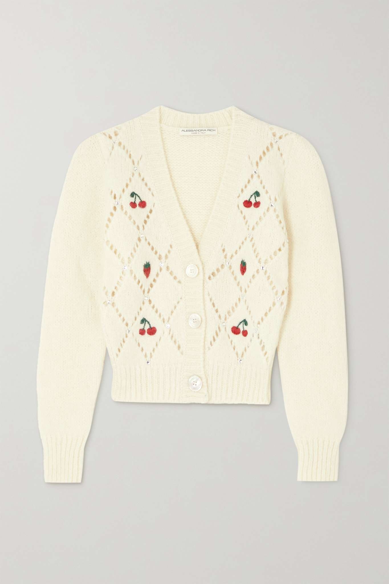 Embellished embroidered pointelle-knit alpaca-blend cardigan - 1
