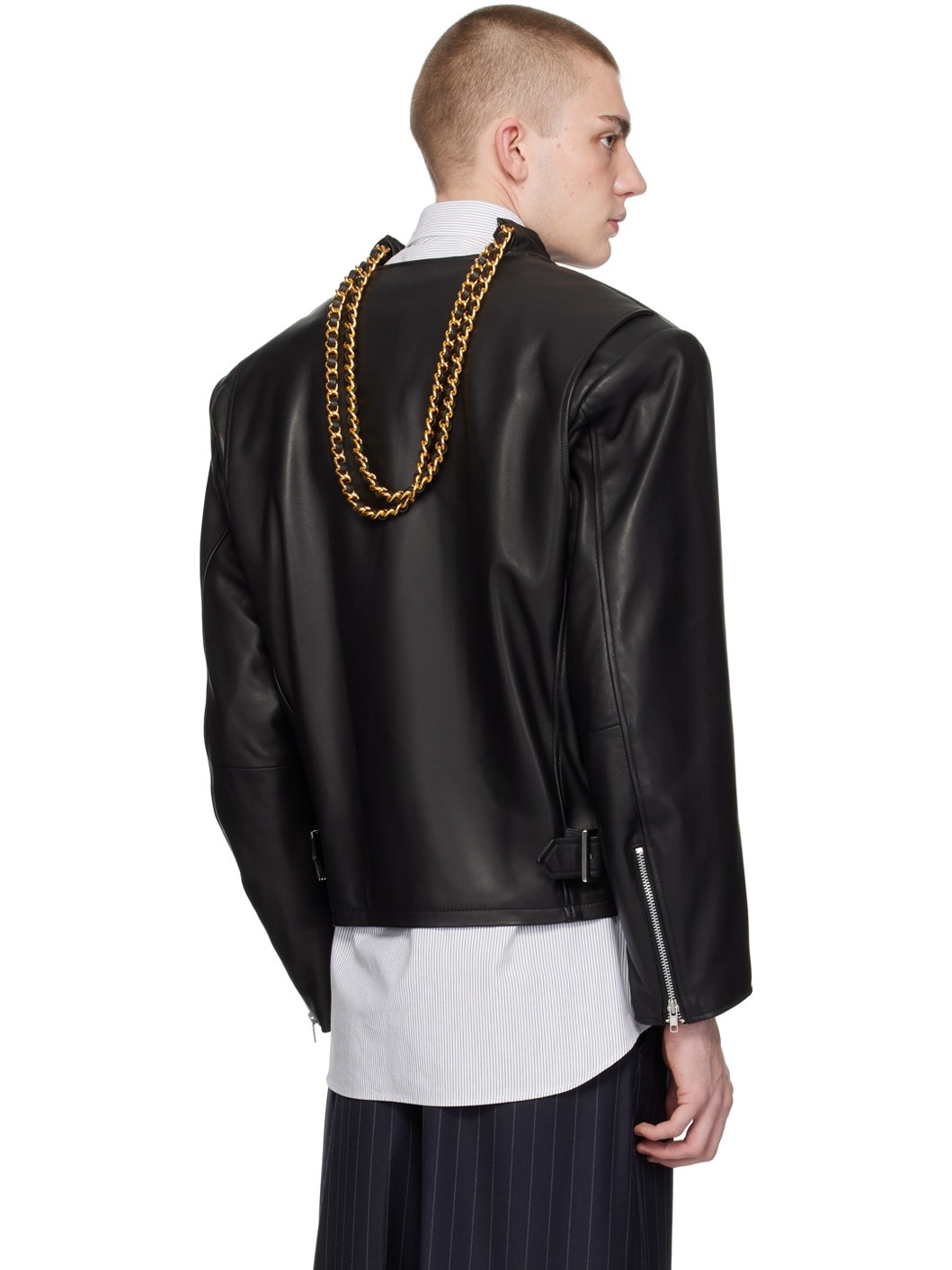 Black Chain Handle Leather Jacket - 3