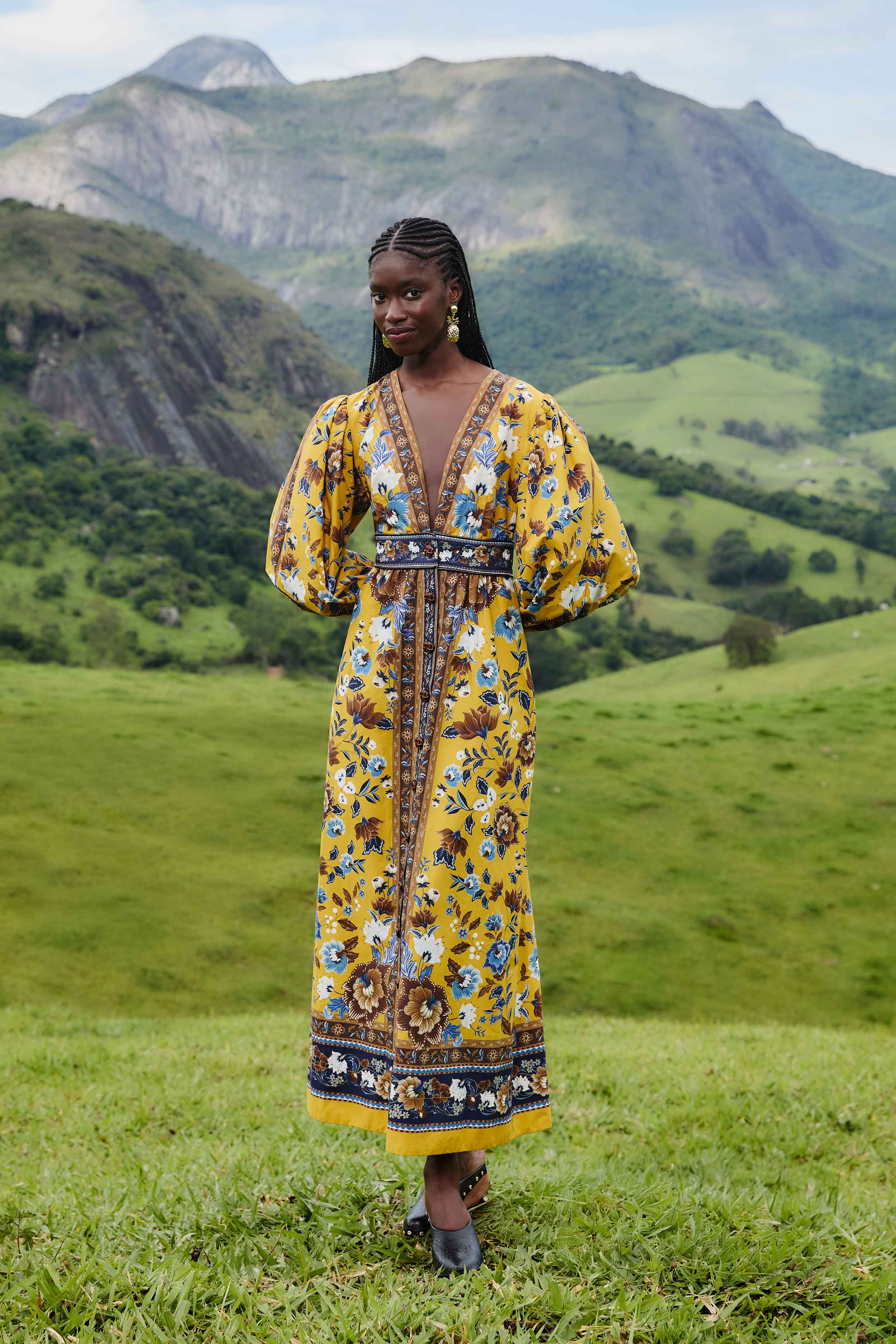 Yellow Flowering Garden Tree Organic Cotton Maxi Dress - 2