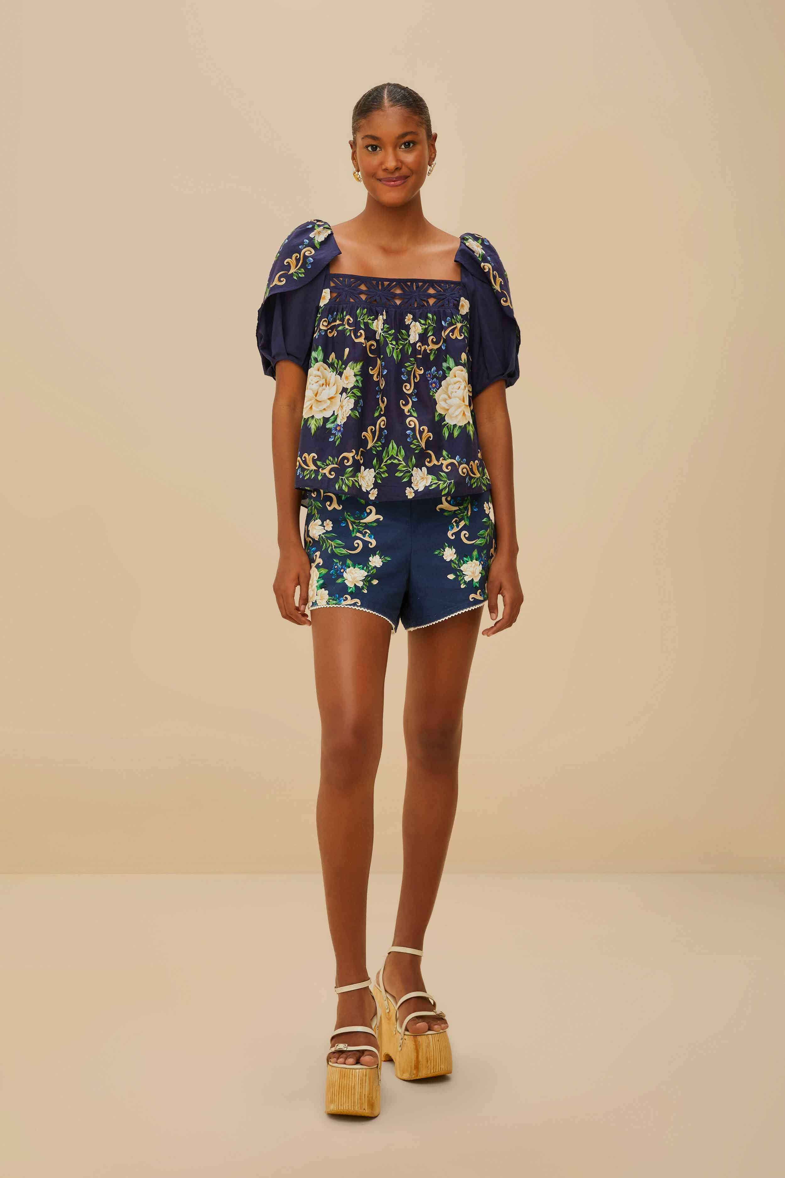 Blue Flower Tapestry Yoke Blouse - 2