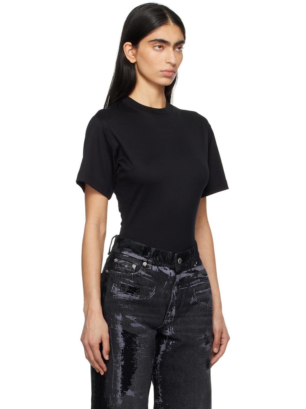 Black Corset Open Back Jersey Bodysuit - 2