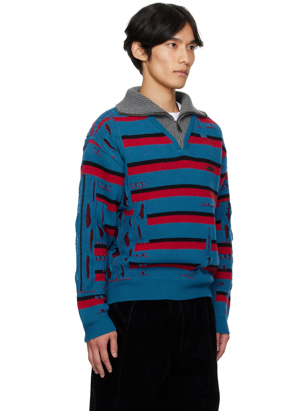 Blue & Red Stripe Jacquard Half Zip Sweater - 2