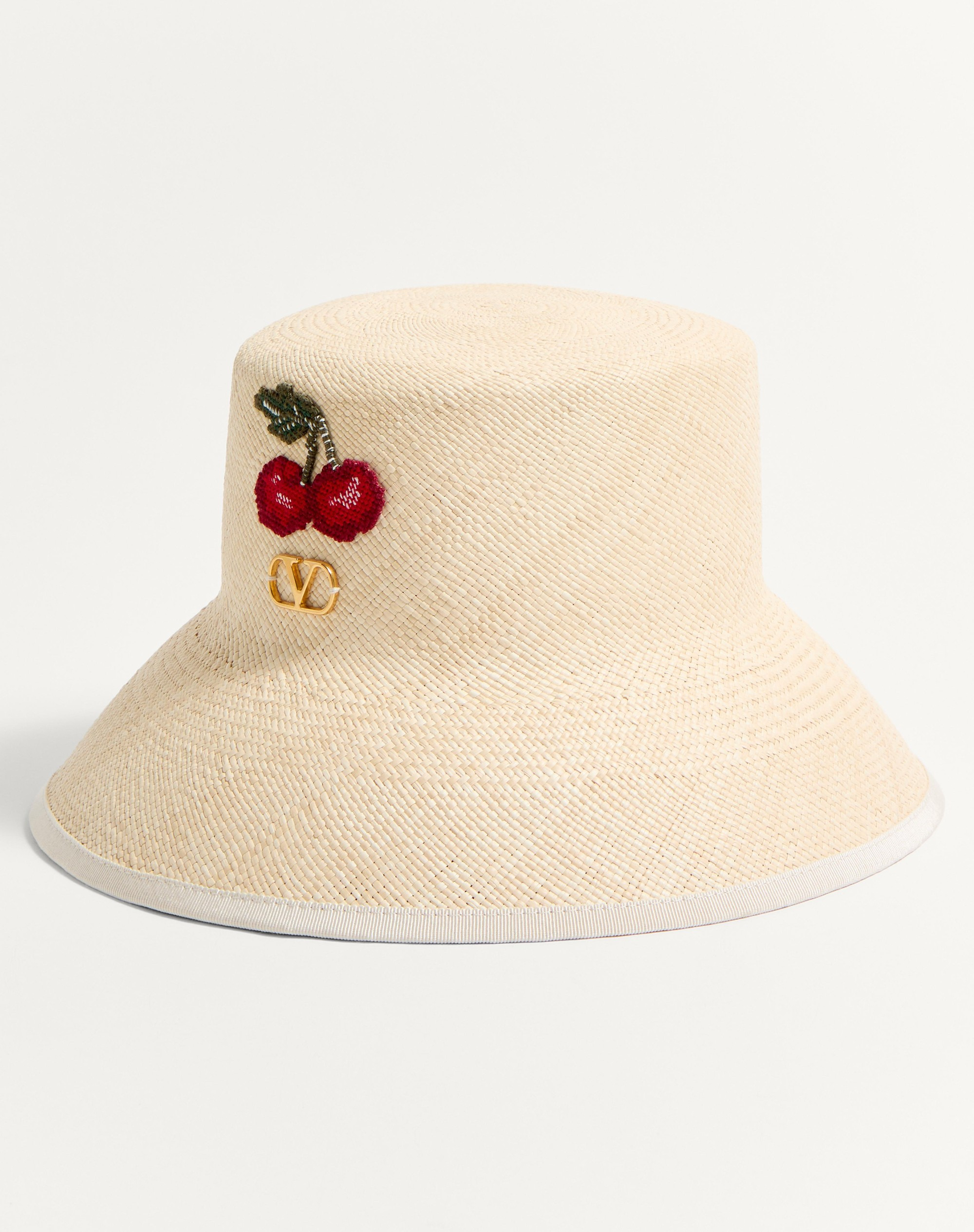 VLOGO SIGNATURE STRAW BUCKET HAT WITH LEATHER TRIM AND CHERRYFIC EMBROIDERY - 2