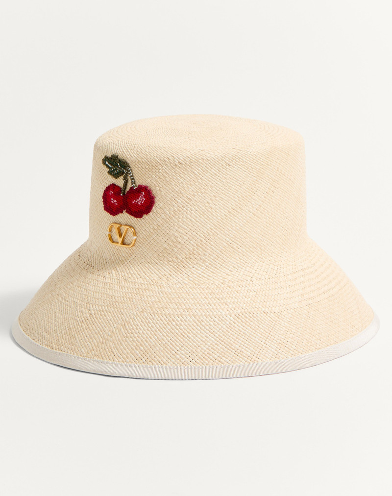 Valentino VLOGO SIGNATURE STRAW BUCKET HAT WITH LEATHER TRIM AND CHERRYFIC EMBROIDERY outlook