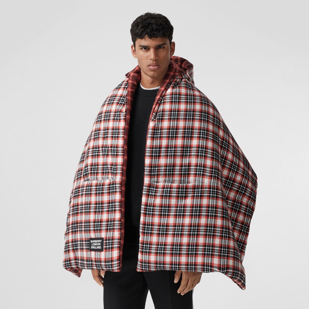 Reversible Tartan Cotton Puffer Poncho - 8