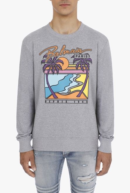 Gray cotton sweatshirt with multicolor Balmain Paris logo - 5