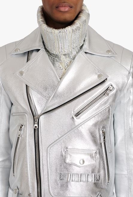 Silvery quilted leather biker jacket - 8