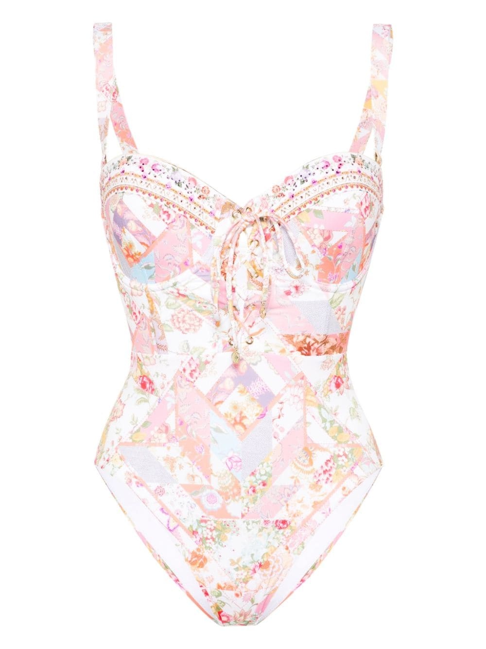 floral lace-up swimsuit - 1