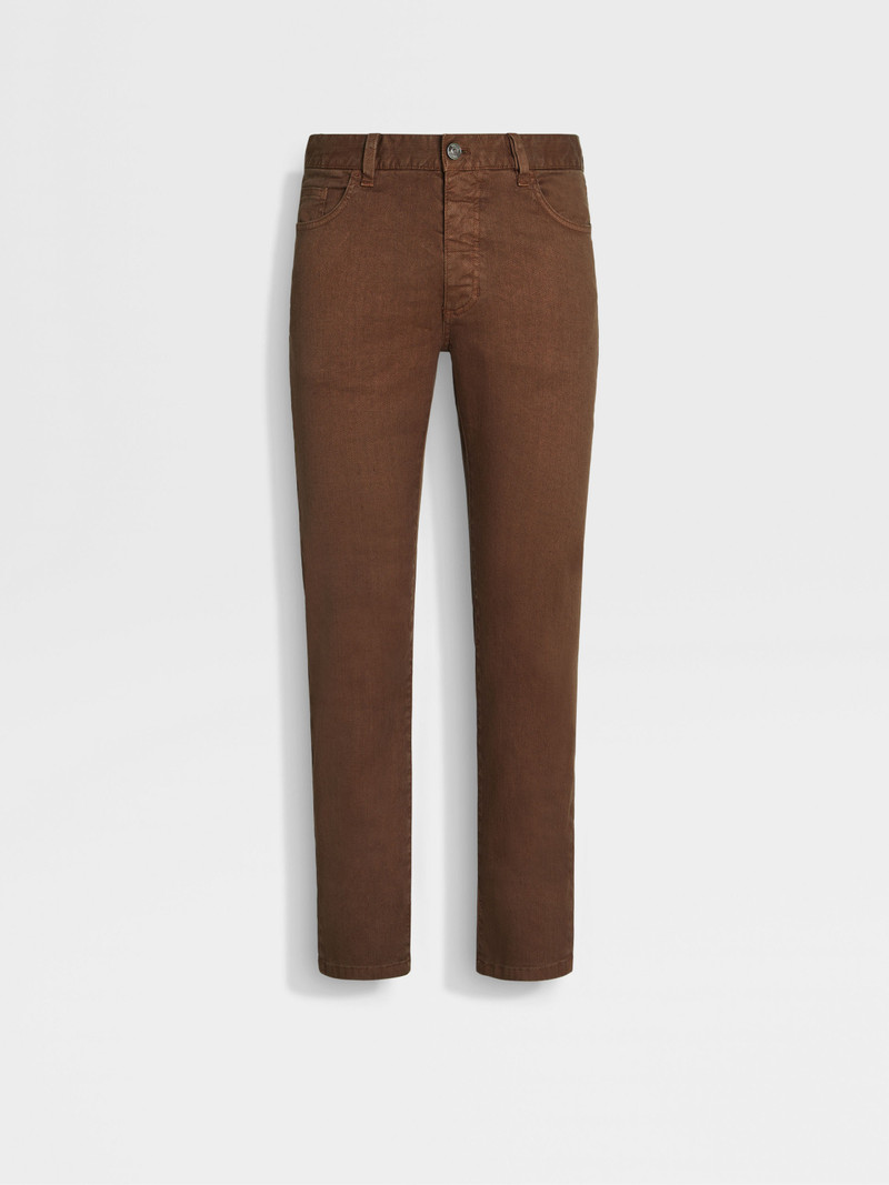 TOBACCO STRETCH LINEN AND COTTON ROCCIA JEANS 1