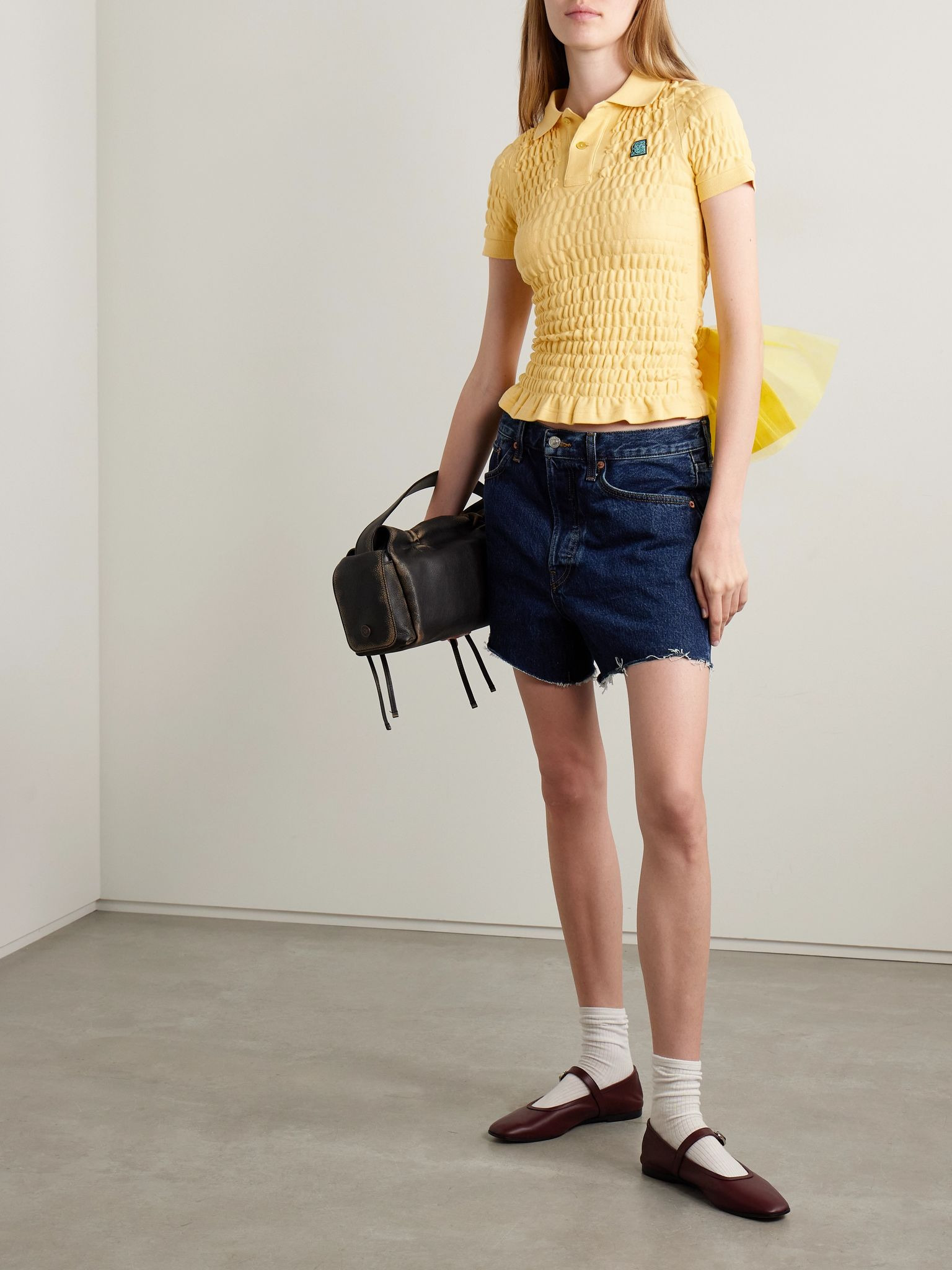 Tulle-trimmed shirred organic cotton-piqué shirt Yellow - 2