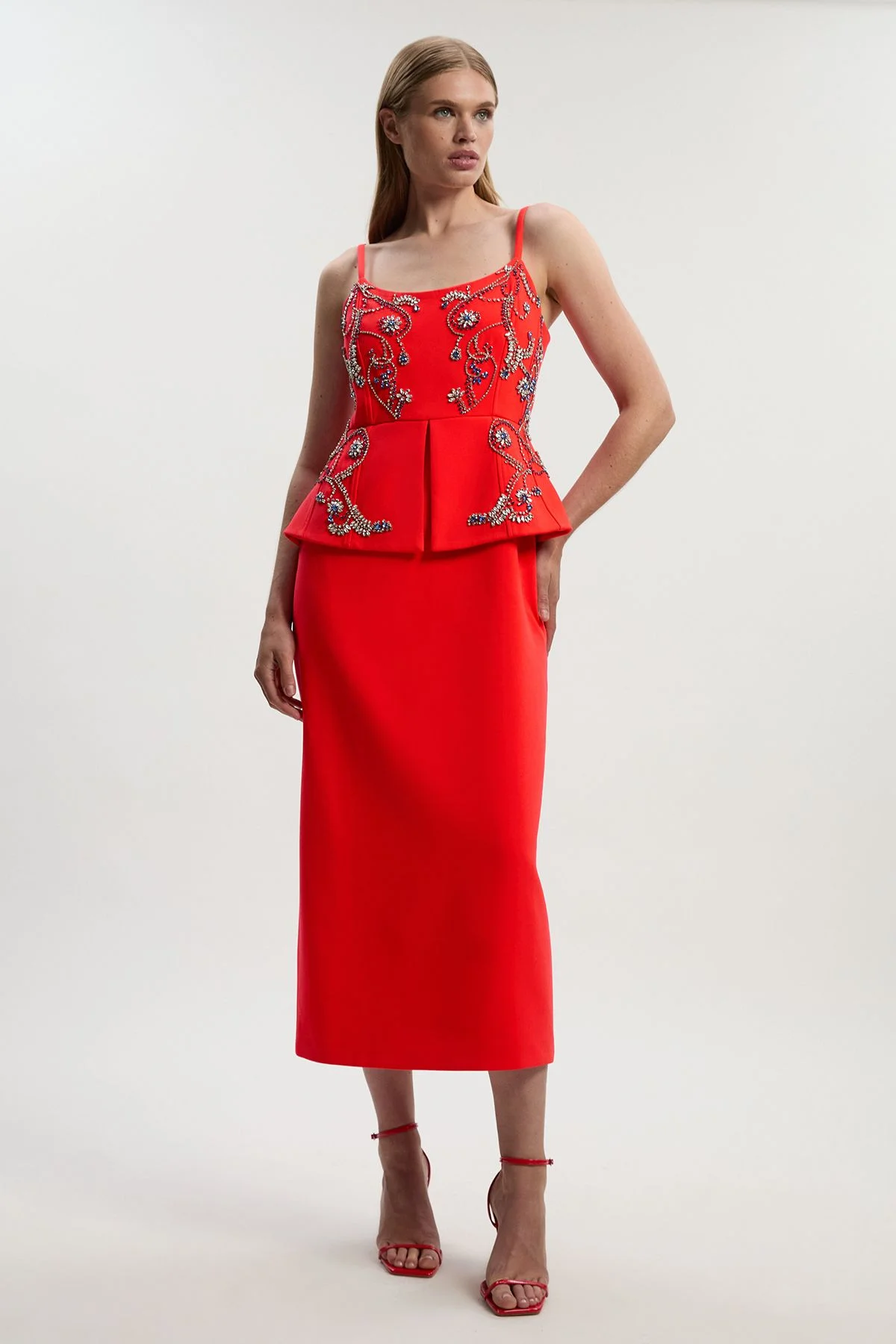 Crystal Embellished Peplum Bandeau Pencil Midi Dress - 1