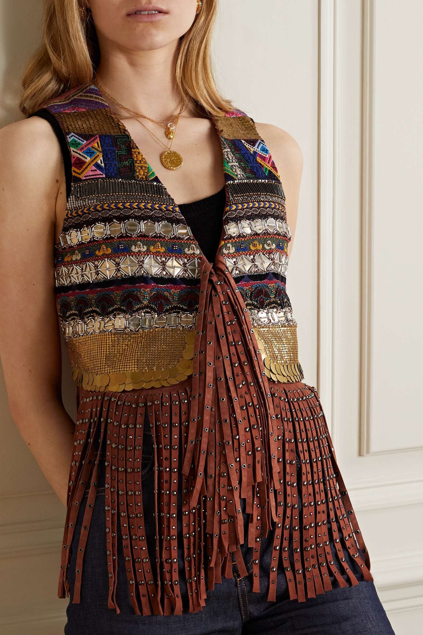Embellished fringed suede and cotton-voile vest - 3