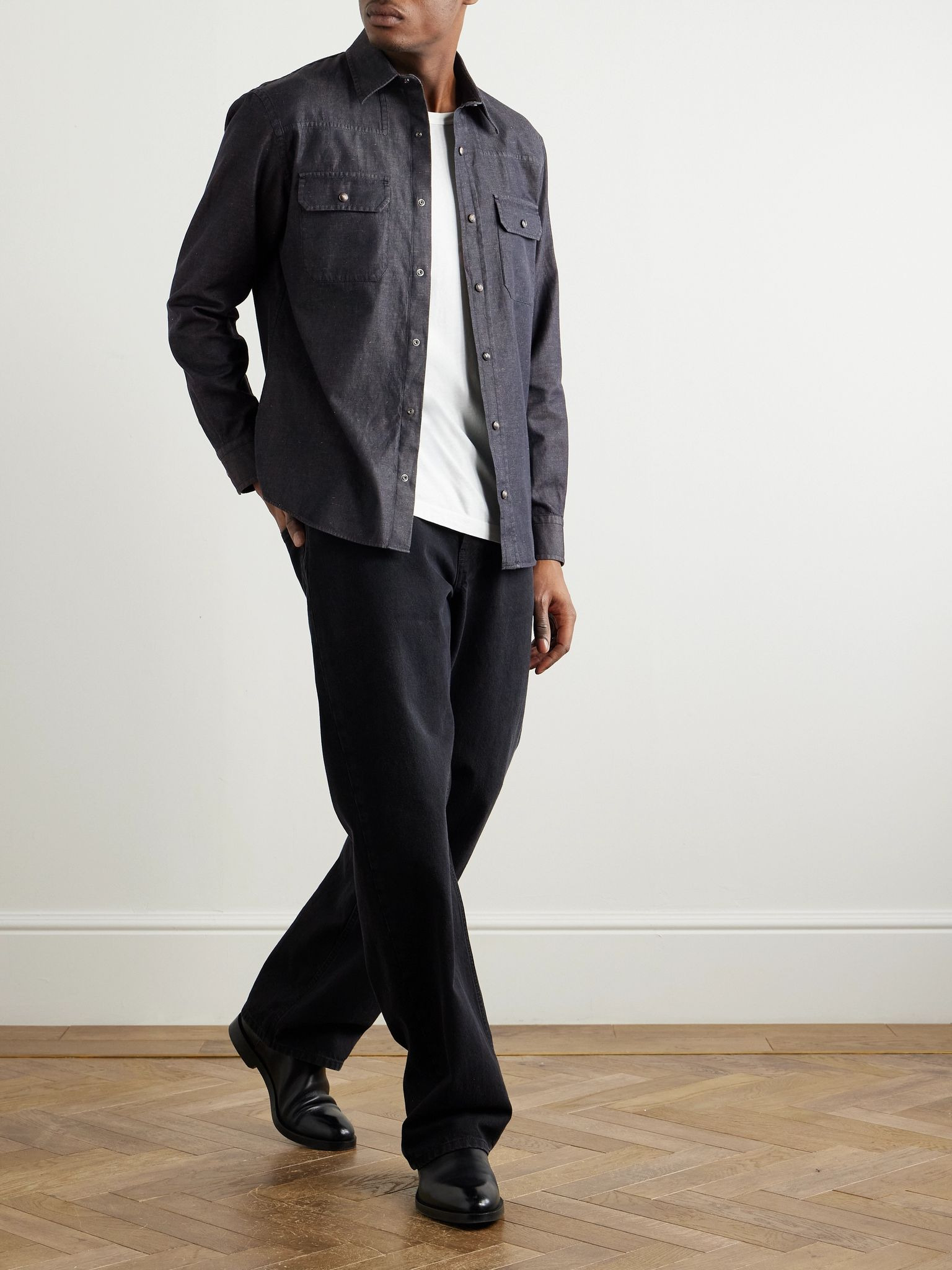 Slim-Fit Cotton and Linen-Blend Twill Shirt Black - 2