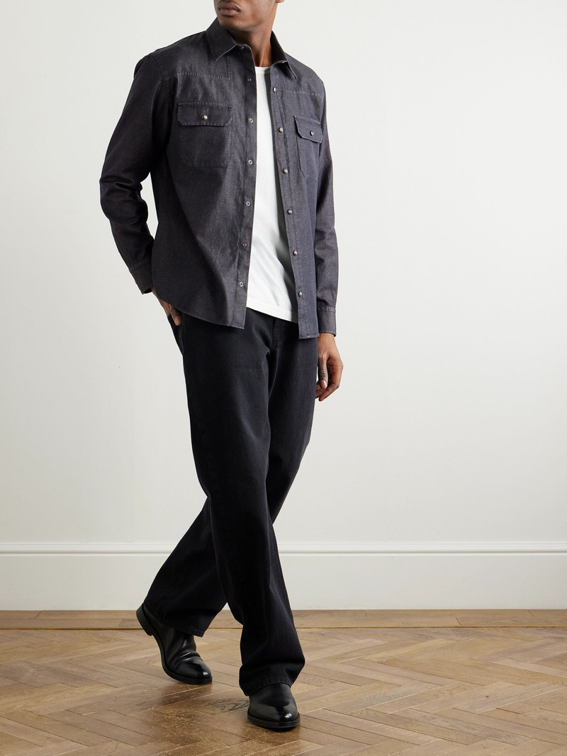 ZEGNA Slim-Fit Cotton and Linen-Blend Twill Shirt Black outlook