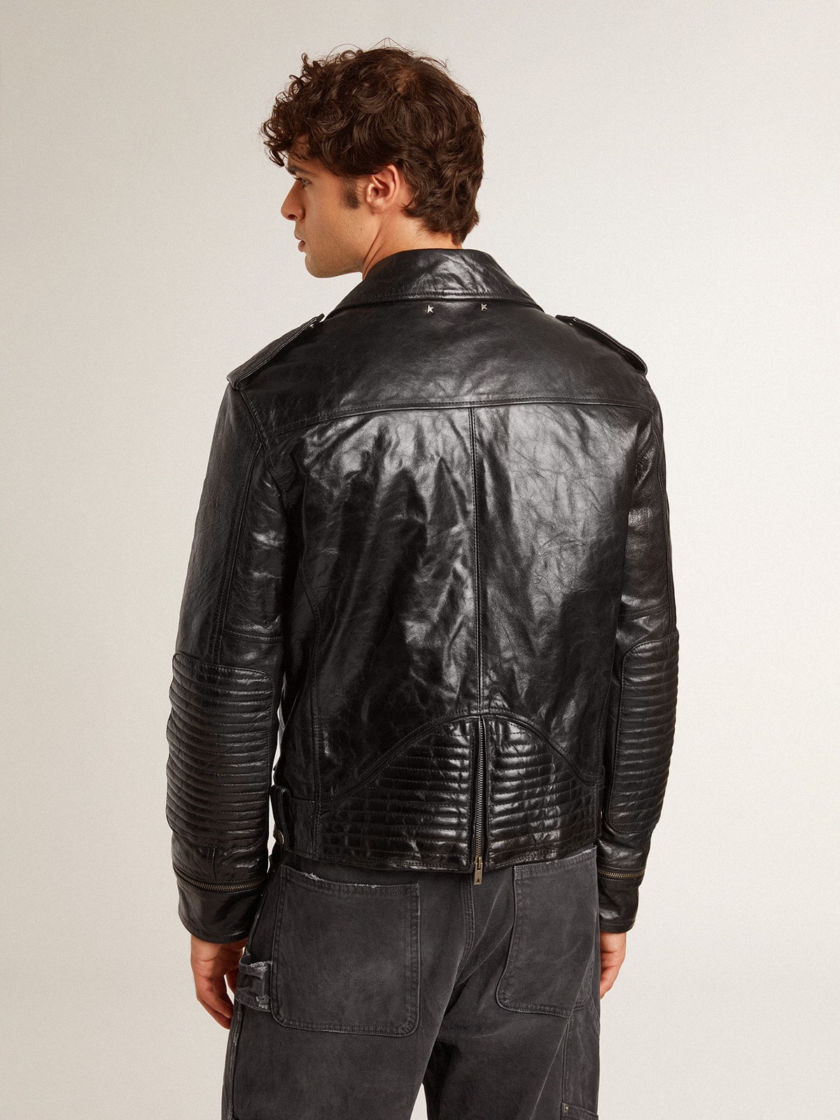 Men's black leather biker jacket with glossy effect - 5