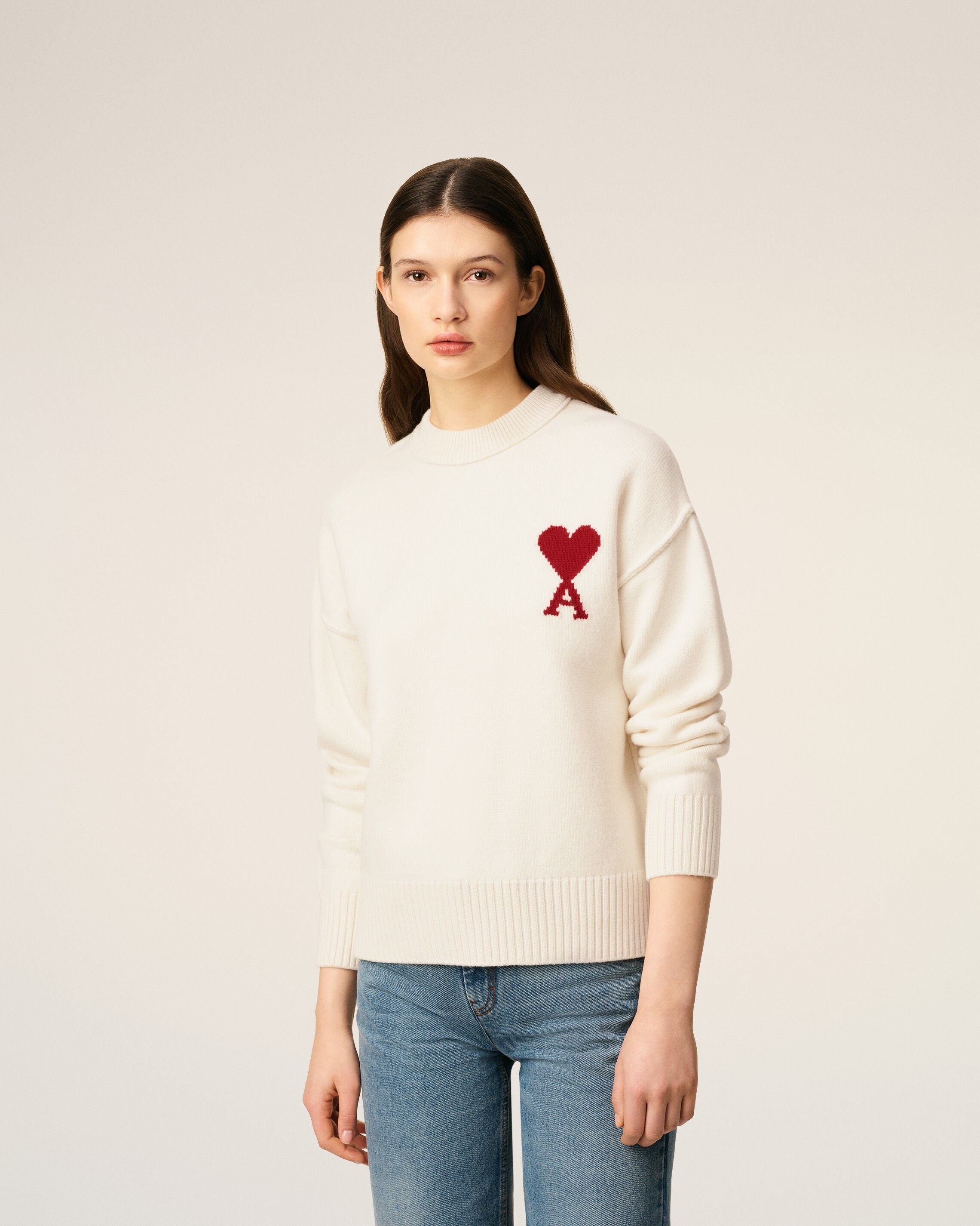 WHITE WOOL AMI DE COEUR CREWNECK SWEATER - 3