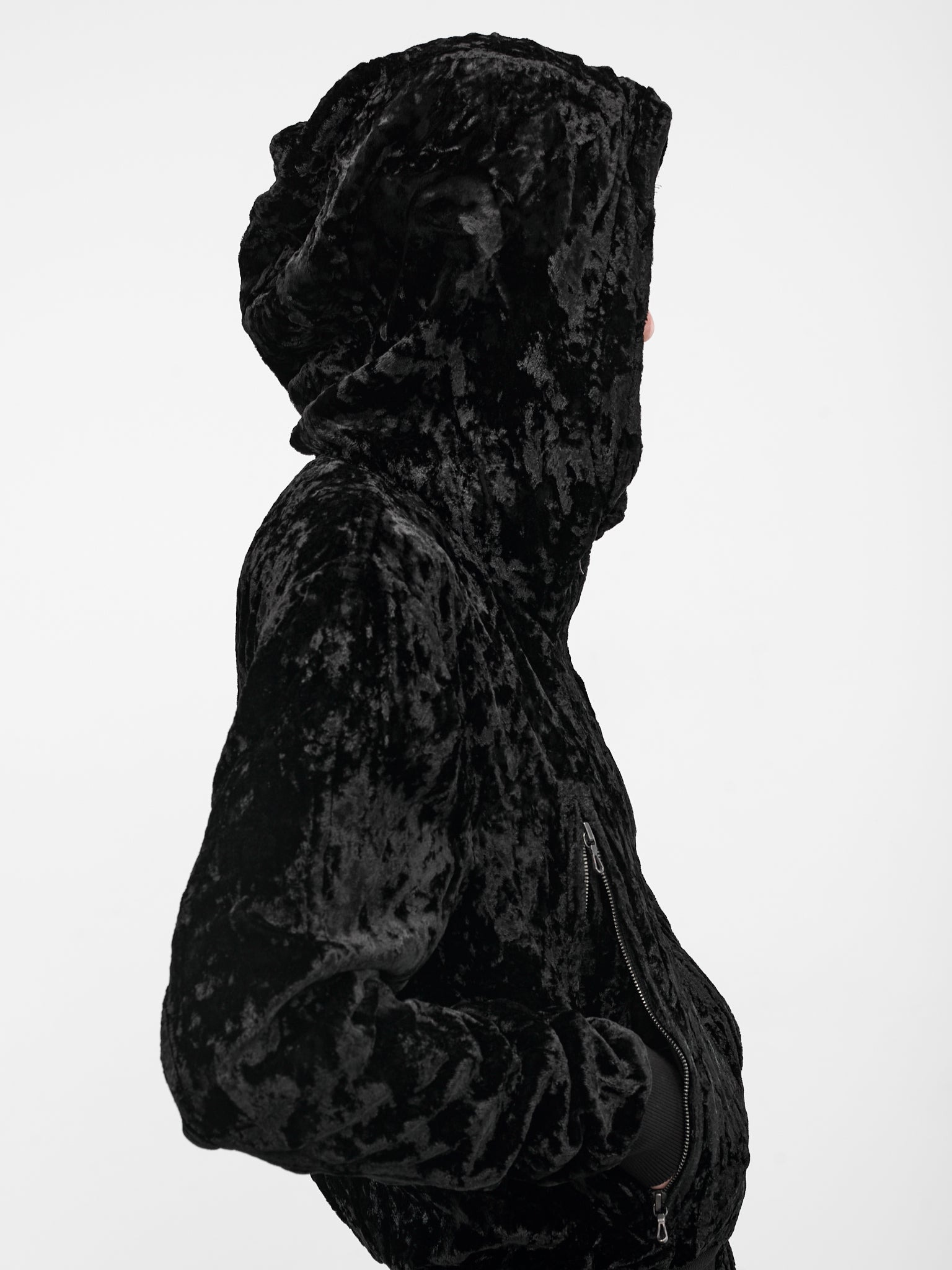 Black Crushed Velvet Zip Hoodie - 4