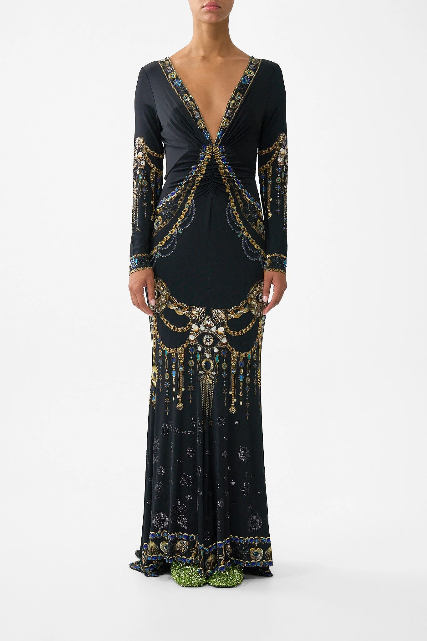 LONG SLEEVE GATHERED DRESS WITH TRAIN - 1