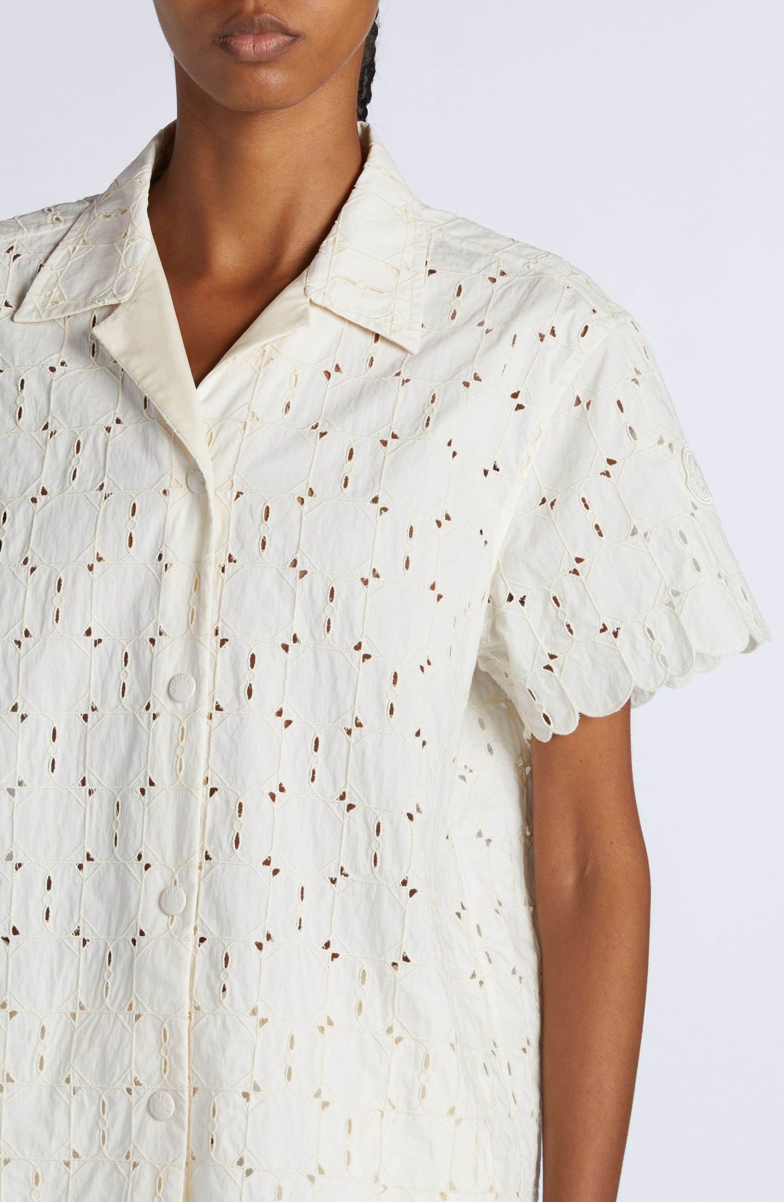 Moncler Cotton Blend Eyelet Button-Up Shirt in White at Nordstrom - 5