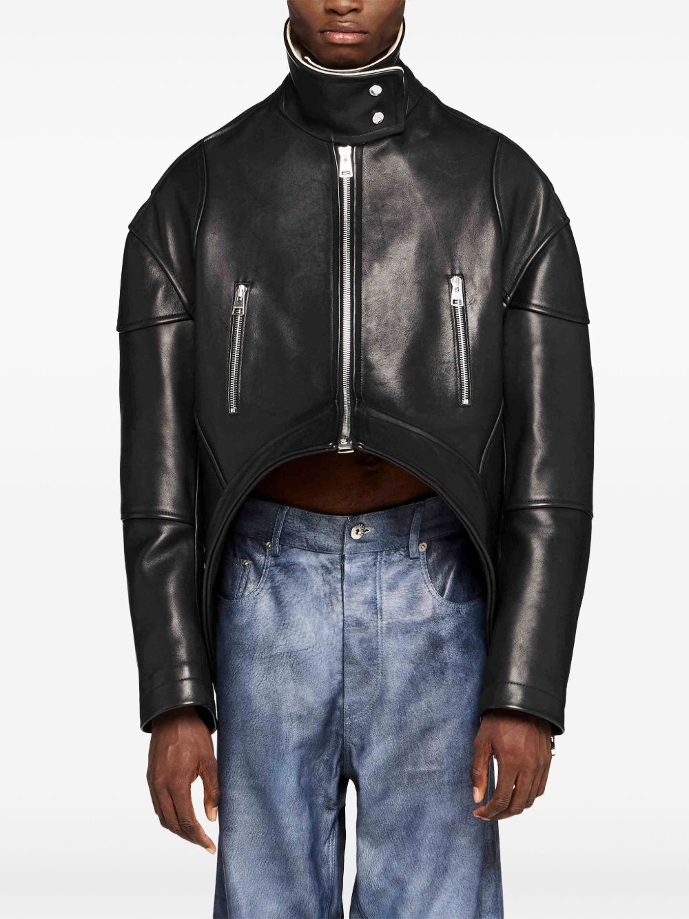 curved-hem high-neck leather jacket - 3