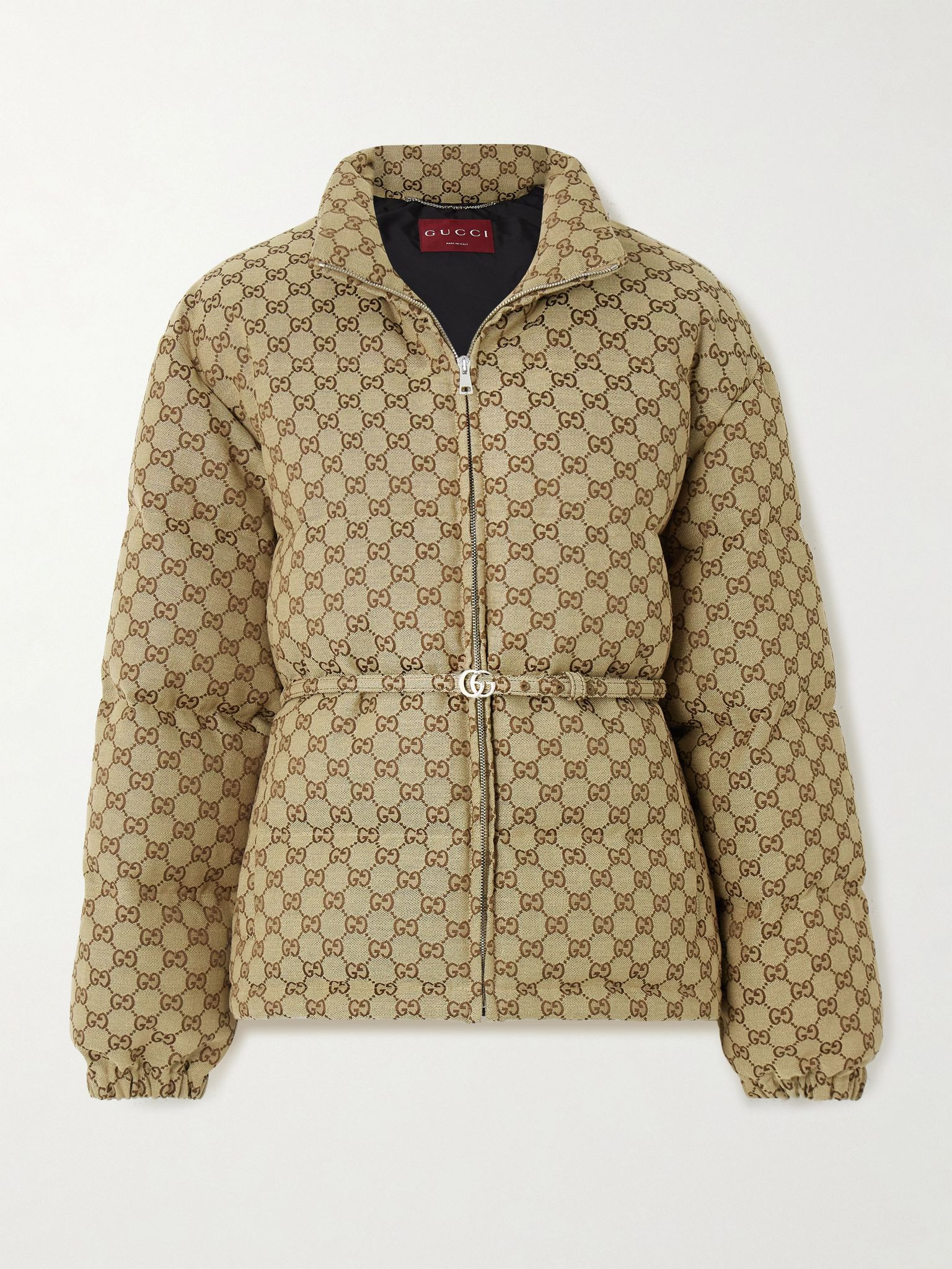 Belted leather-trimmed cotton-blend canvas down jacket Camel - 1