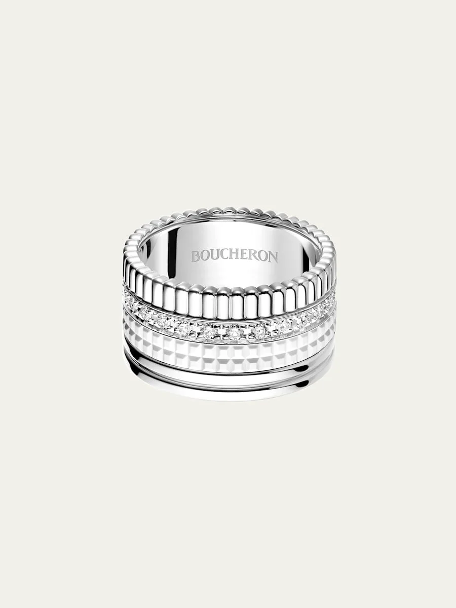 18K White Gold Large Quatre Double Ring with White HyCeram and Diamonds - 1