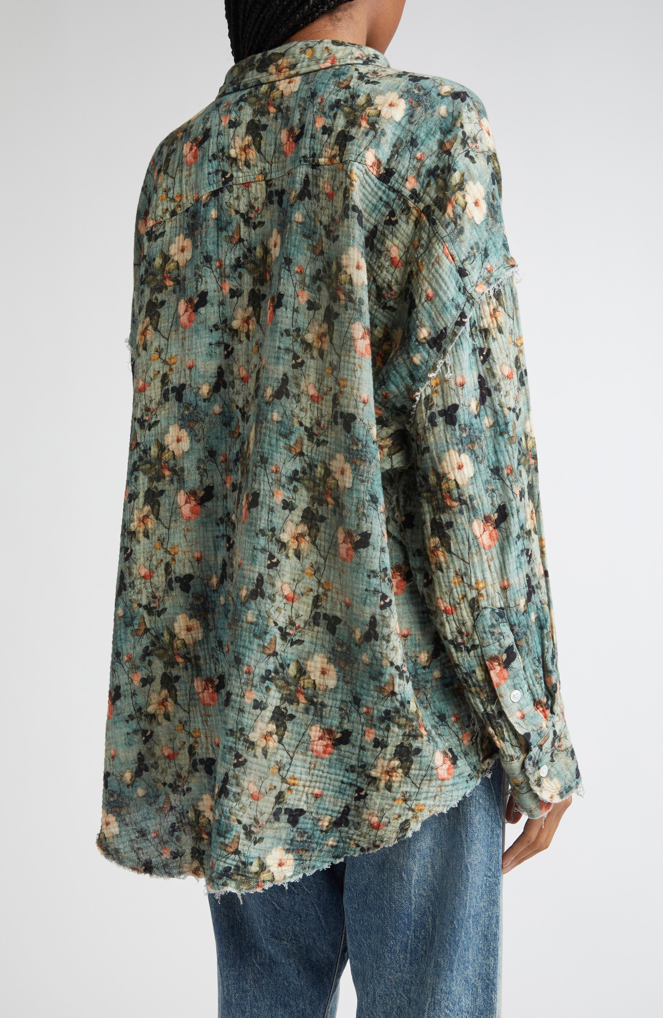 R13 Shredded Seam Ruffle Button-Up Shirt in Turquoise Floral at Nordstrom - 3