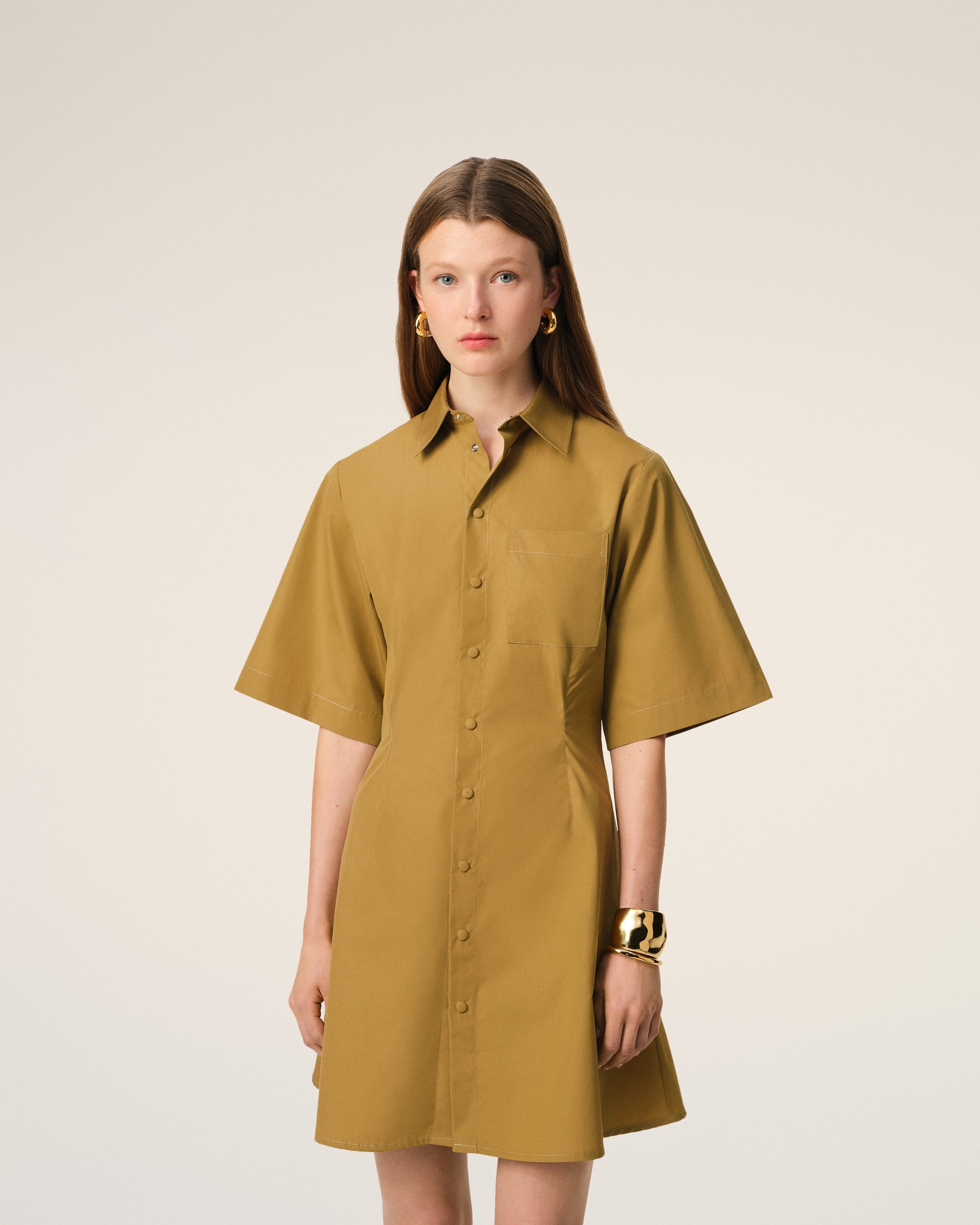 MUSTARD COTTON SHORT SLEEVE SHIRT DRESS - 3