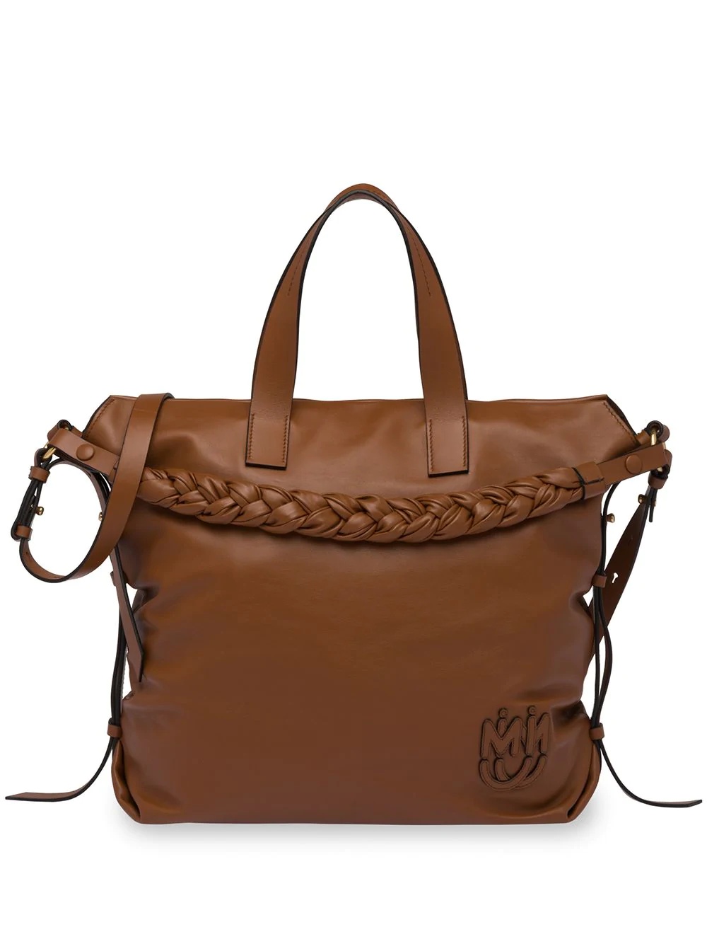 braided-handle leather tote bag - 1