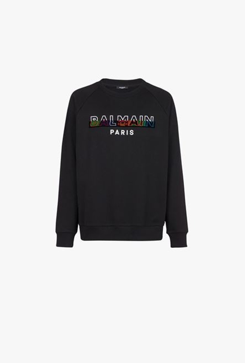 Black eco-designed cotton sweatshirt with multicolor Balmain Paris logo print 1