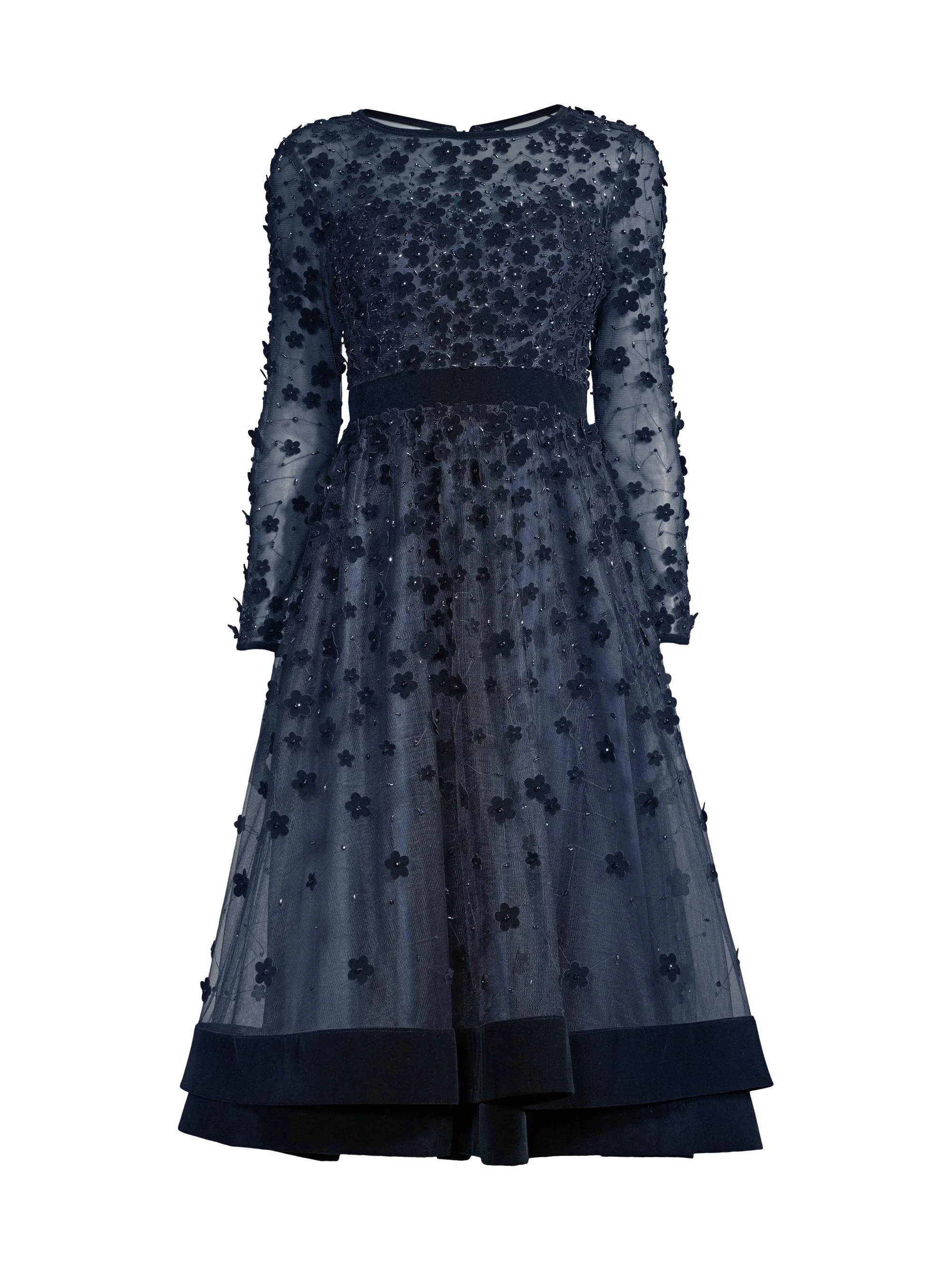 Women's Floral Appliqué Tea Dress - Midnight - 1