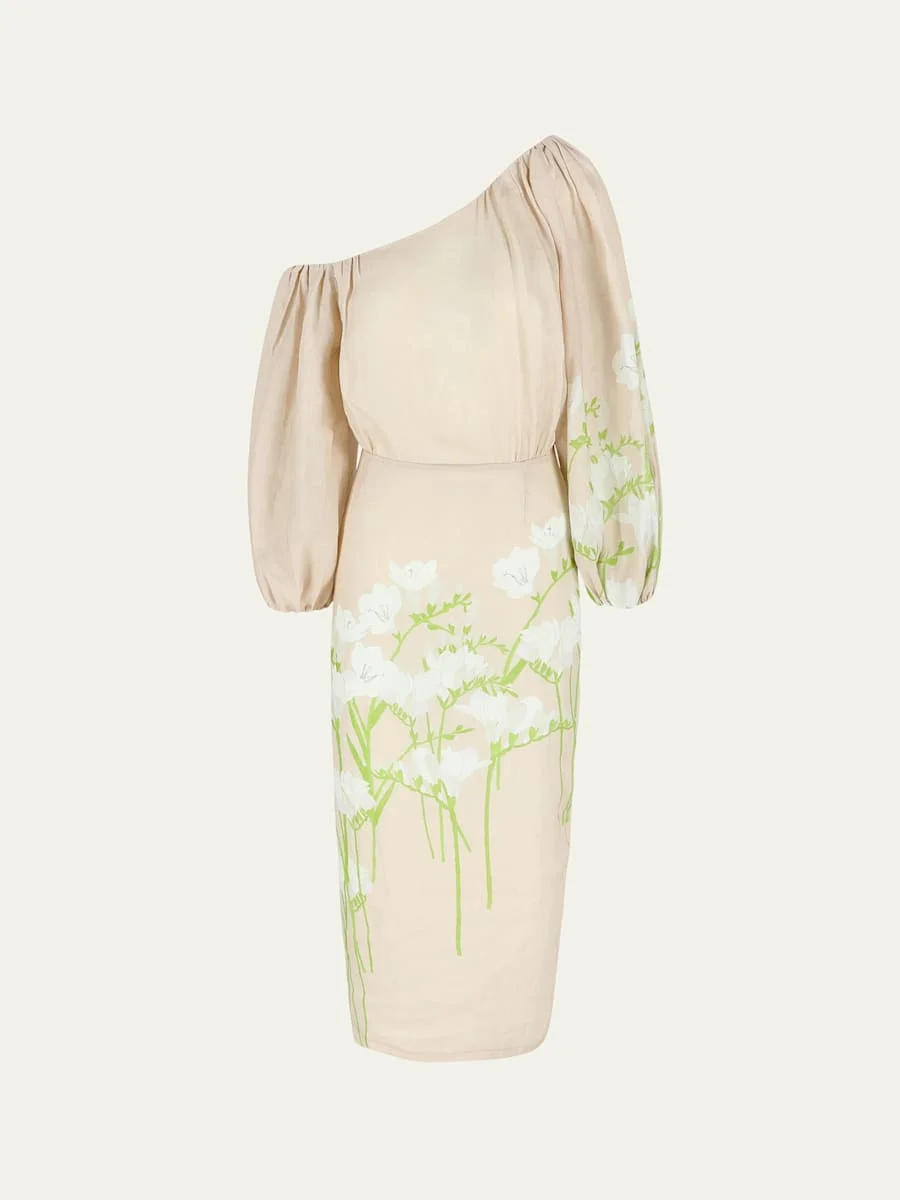 Printed Off-The-Shoulder Linen Dress - 1