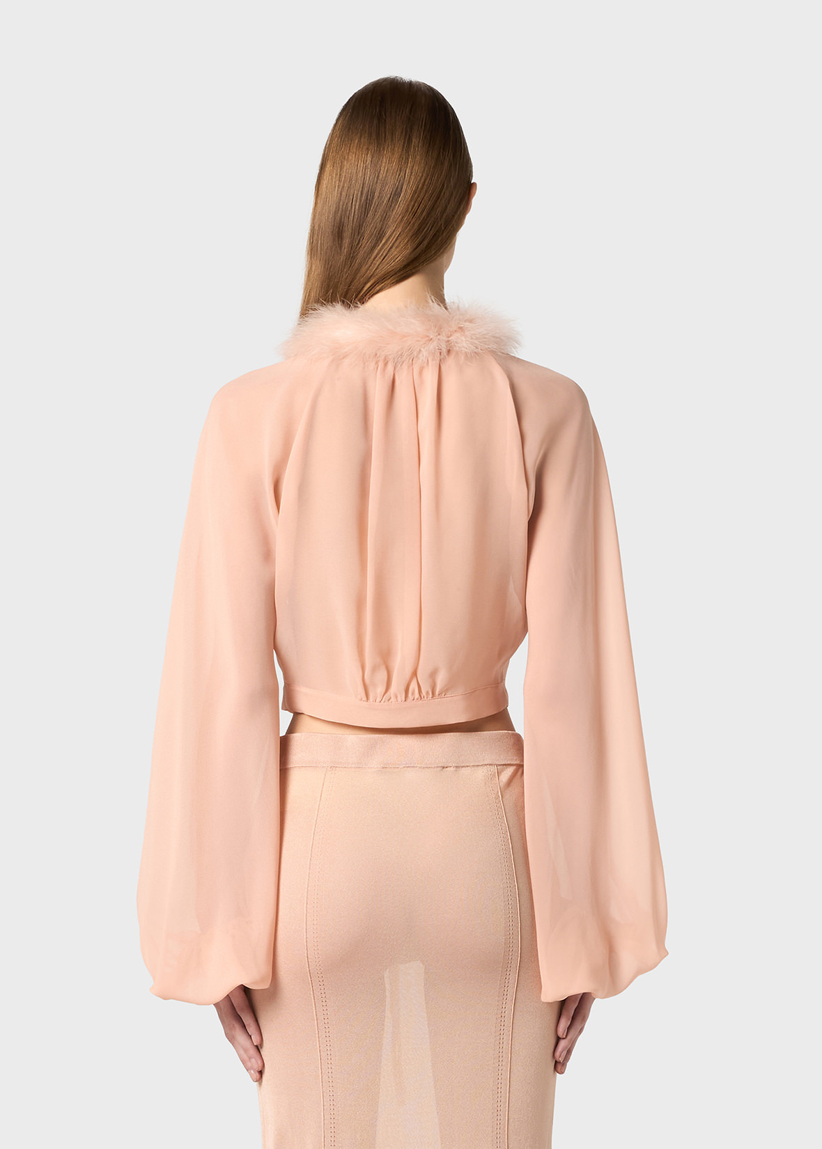 GEORGETTE SHIRT WITH FEATHER-TRIMMED NECKLINE - 4