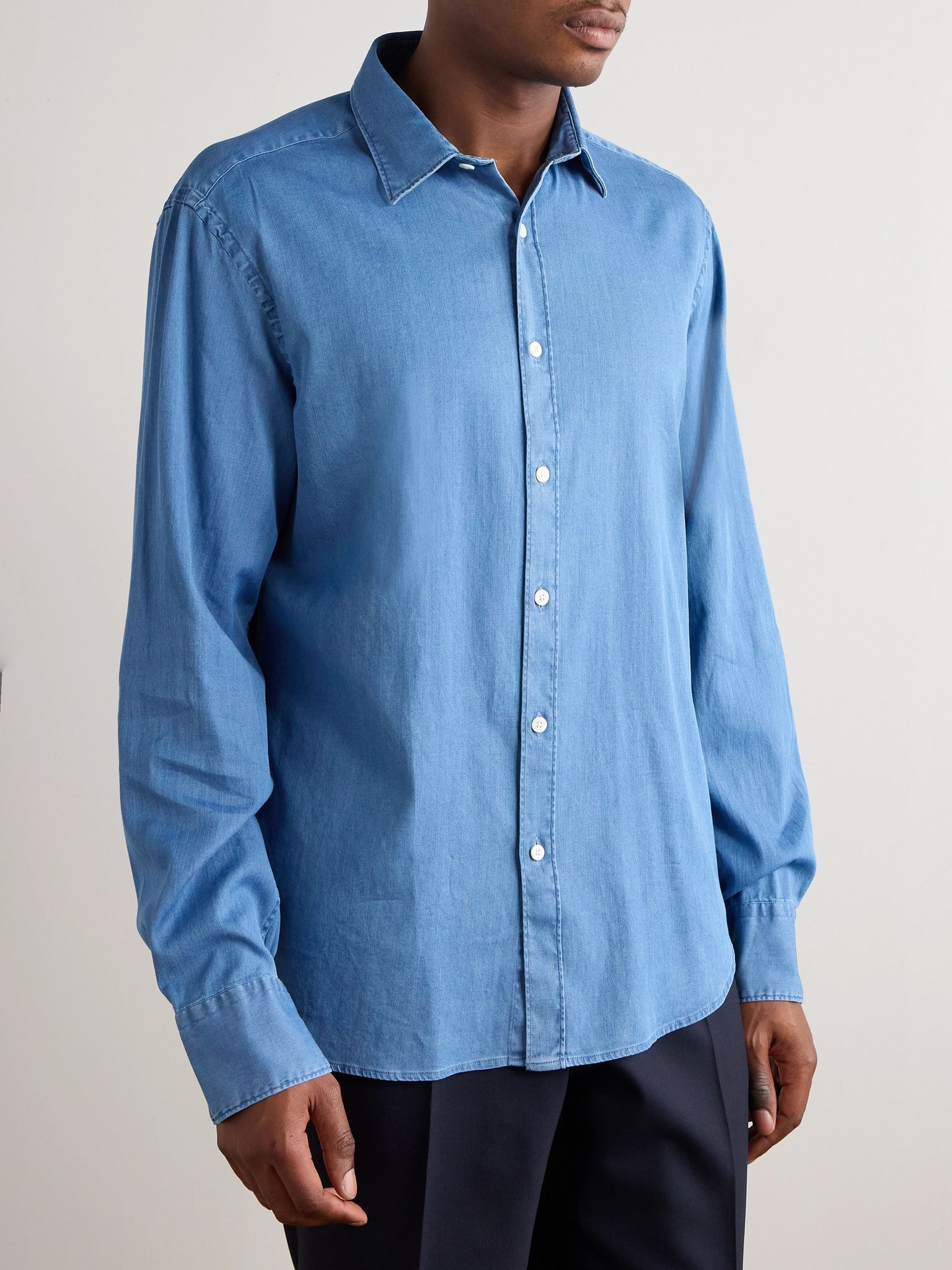 Cotton-Blend Chambray Shirt Blue - 3
