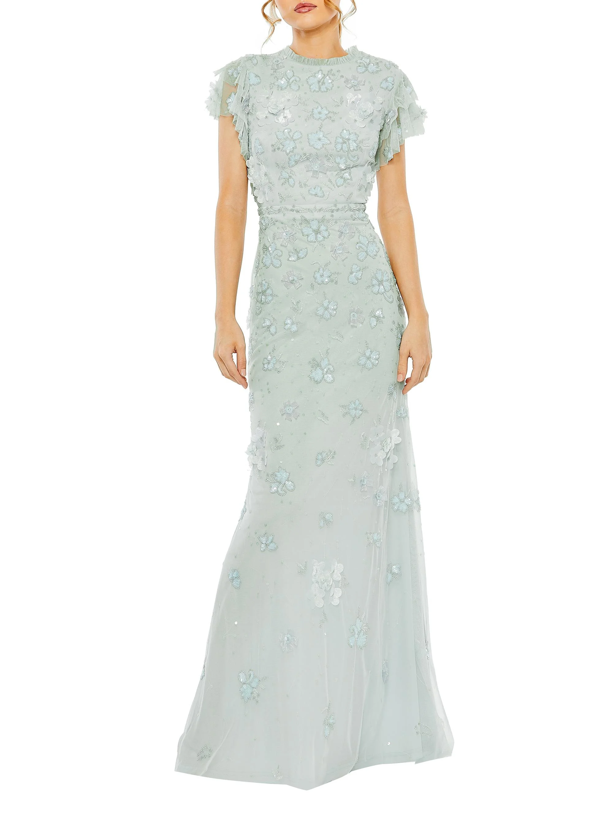 Women's High Neck Flutter-Sleeve Floral Embellished Gown - Periwinkle - 1