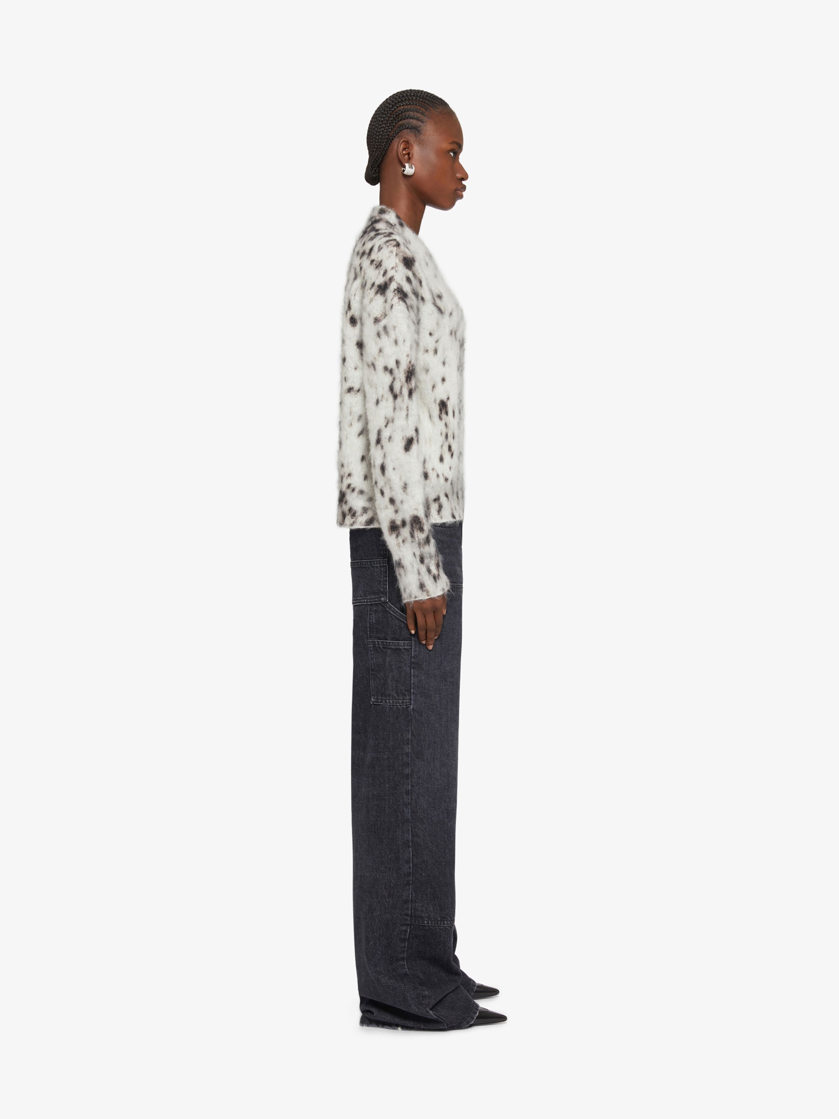 CROPPED SWEATER IN MOHAIR WITH SNOW LEOPARD PRINT - 3