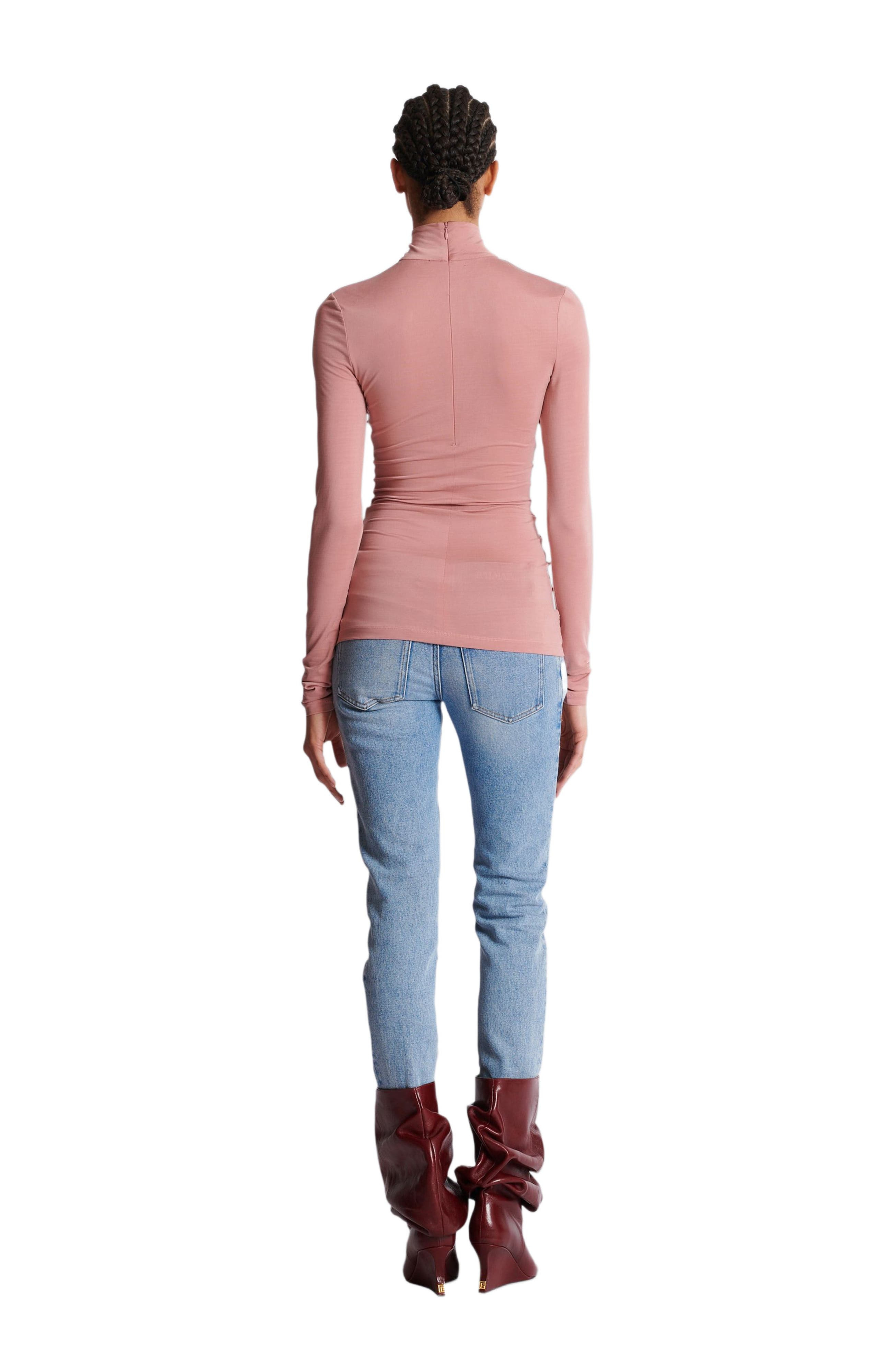 Balmain Pleated Long-Sleeved Jersey Top in Pink at Nordstrom - 3