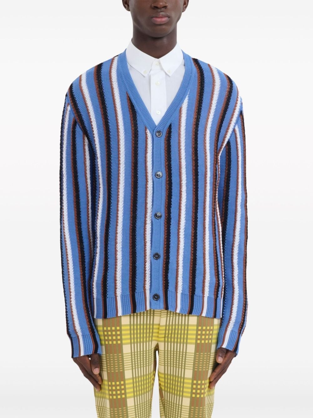 stripe-pattern V-neck cotton cardigan - 2