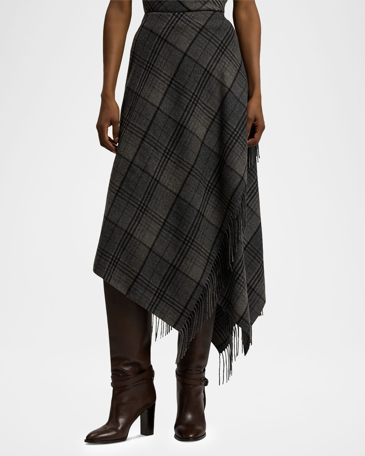 Fringed Plaid Wrap Midi Skirt - 4
