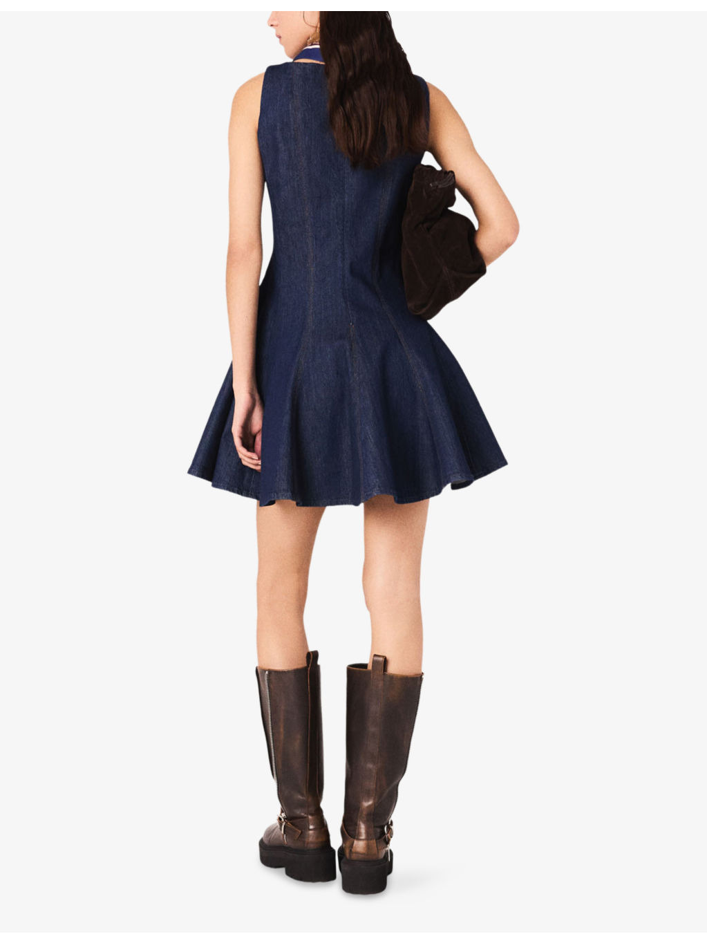 Round-Neck Flared-Skirt Stretch-Denim Mini Dress - 4
