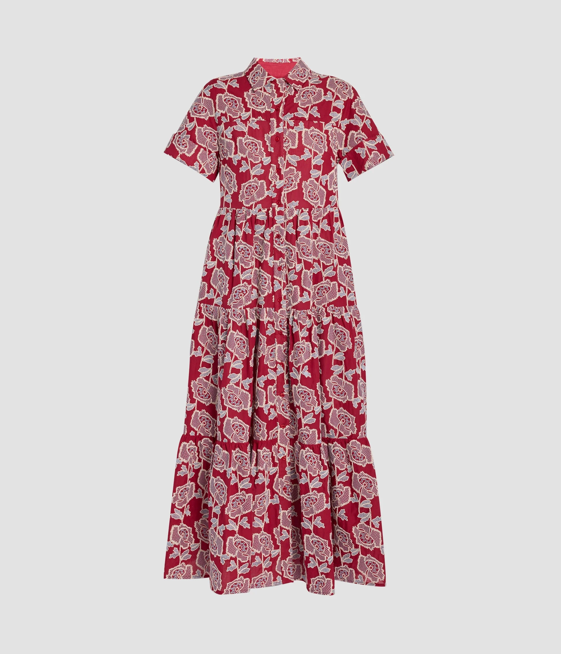 FLORAL EMBROIDERED TIERED MIDI DRESS - 1